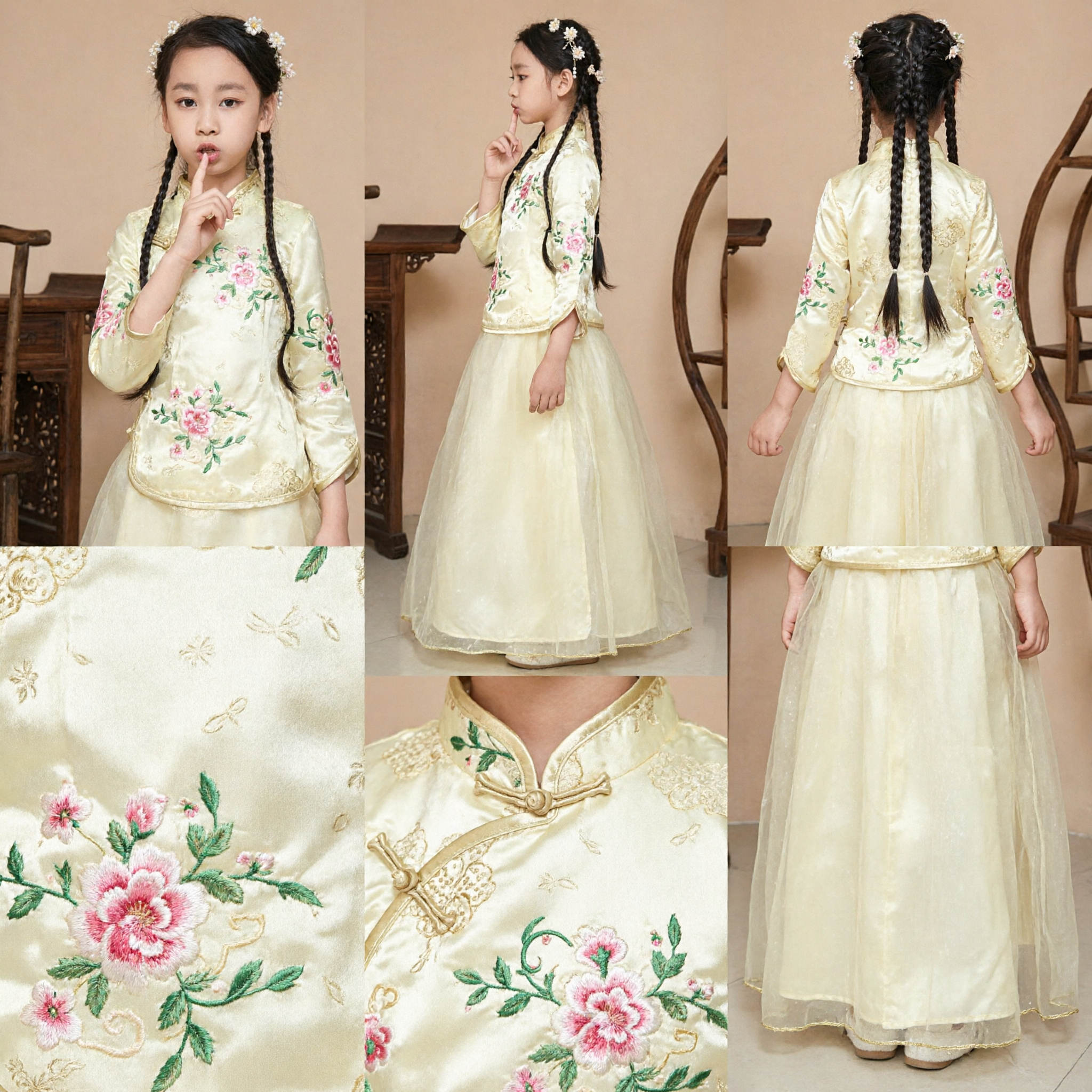 Traje Tradicional Hanfu Chino para Niñas, Conjunto de Chaqueta Tang Bordada con Flores y Falda de Tul para Bodas - Asian Costume