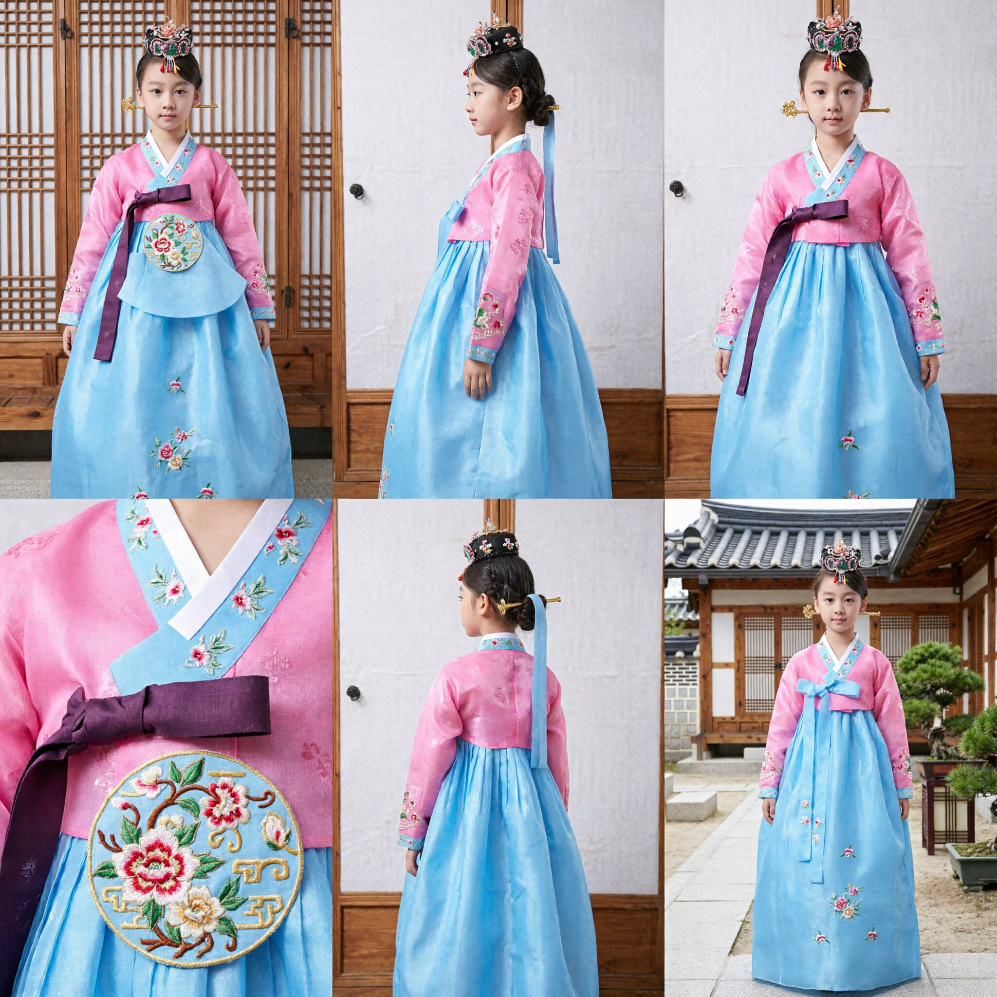 Hanbok Tradicional Coreano para Niñas, Vestido Bordado Rosa y Azul, Traje para Festivales Culturales y Fiestas - Asian Costume