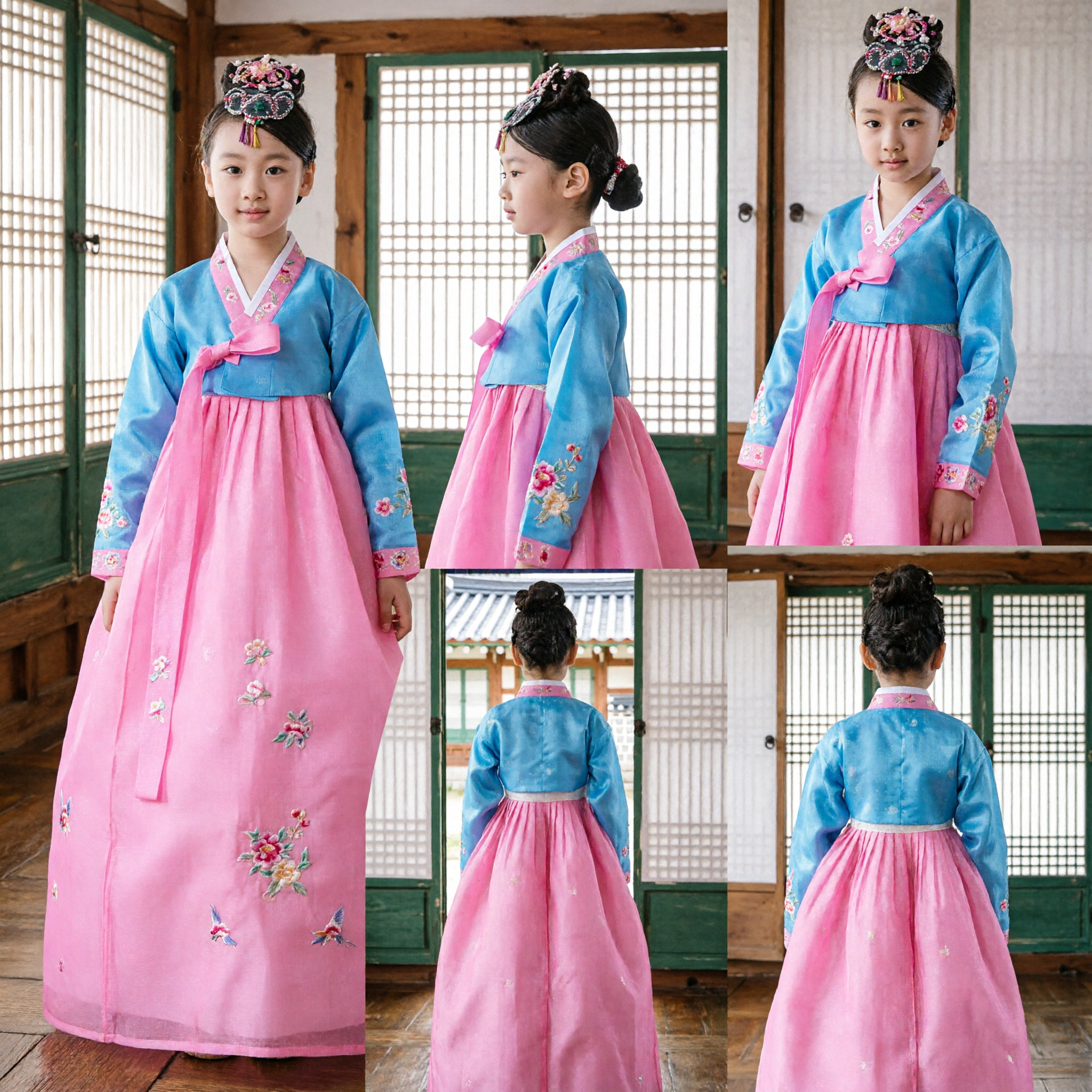 Traditionele Koreaanse Hanbok voor Meisjes Blauwe Jeogori Roze Chima Geborduurde Jurken Kinderen Bruiloft Optreden - Asian Costume