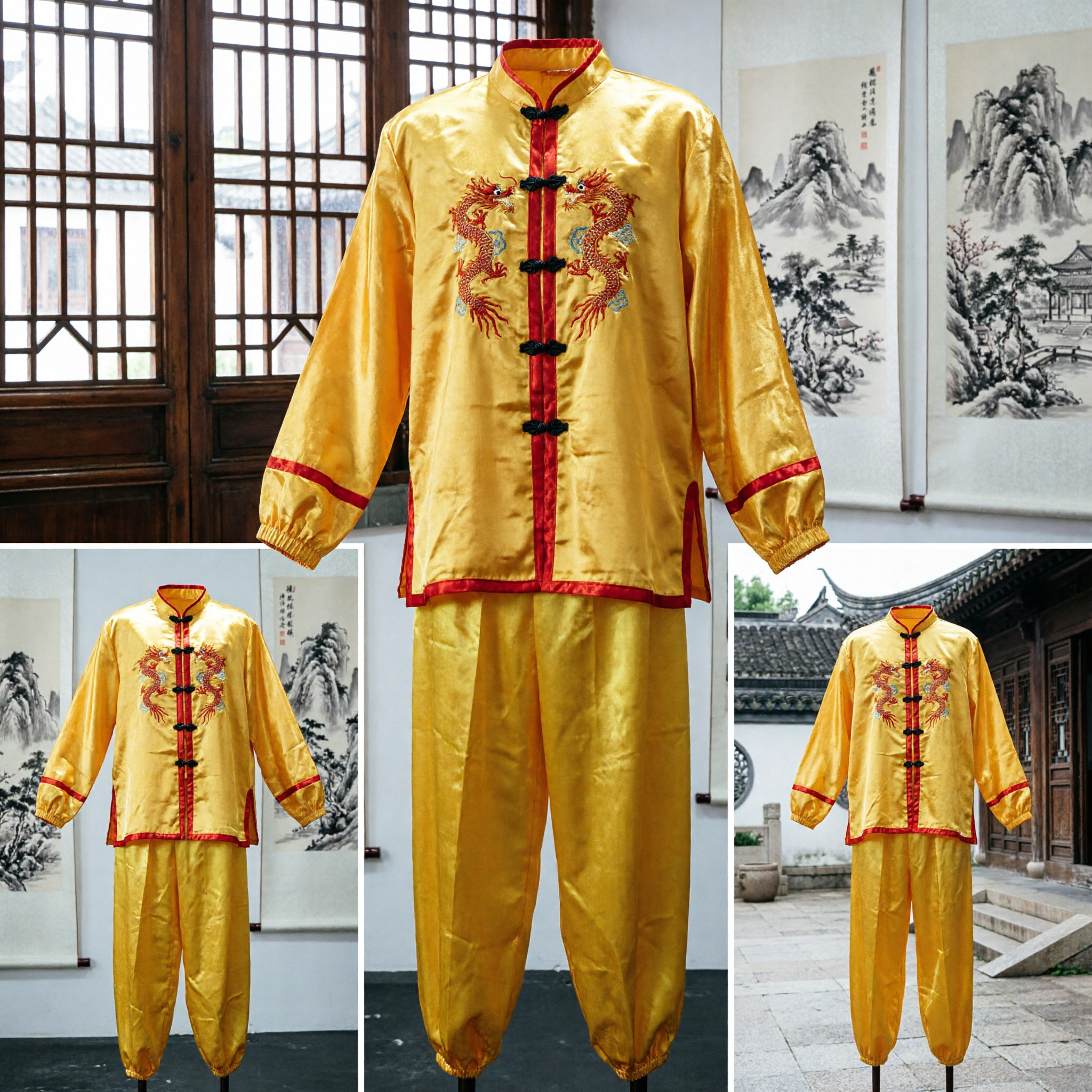 Yellow Silk Kung Fu Uniform Traditional Chinese Dragon Embroidery Martial Arts Tai Chi Costume Set - Asian Costume