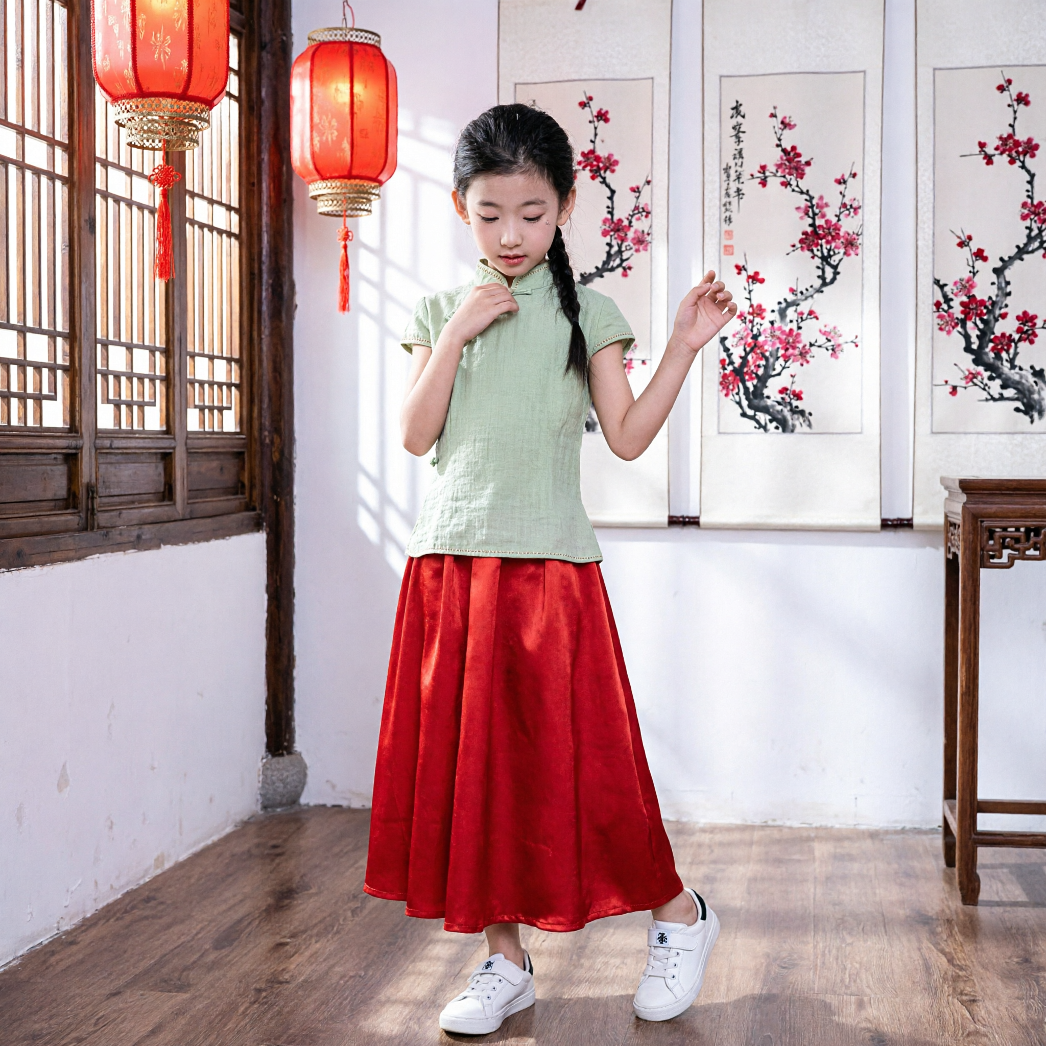 Hanfu Tradicional Chinês para Meninas Tang Suit de Verão em Algodão e Linho Saia Vermelha e Top Verde Traje Infantil - Asian Costume