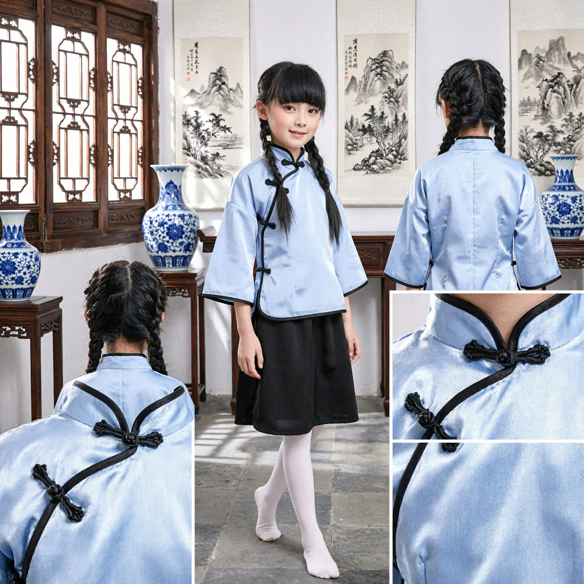Uniforme de Estudante da Era Republicana Tradicional Chinês para Meninas Blusa Azul e Saia Preta Conjunto para Performance - Asian Costume