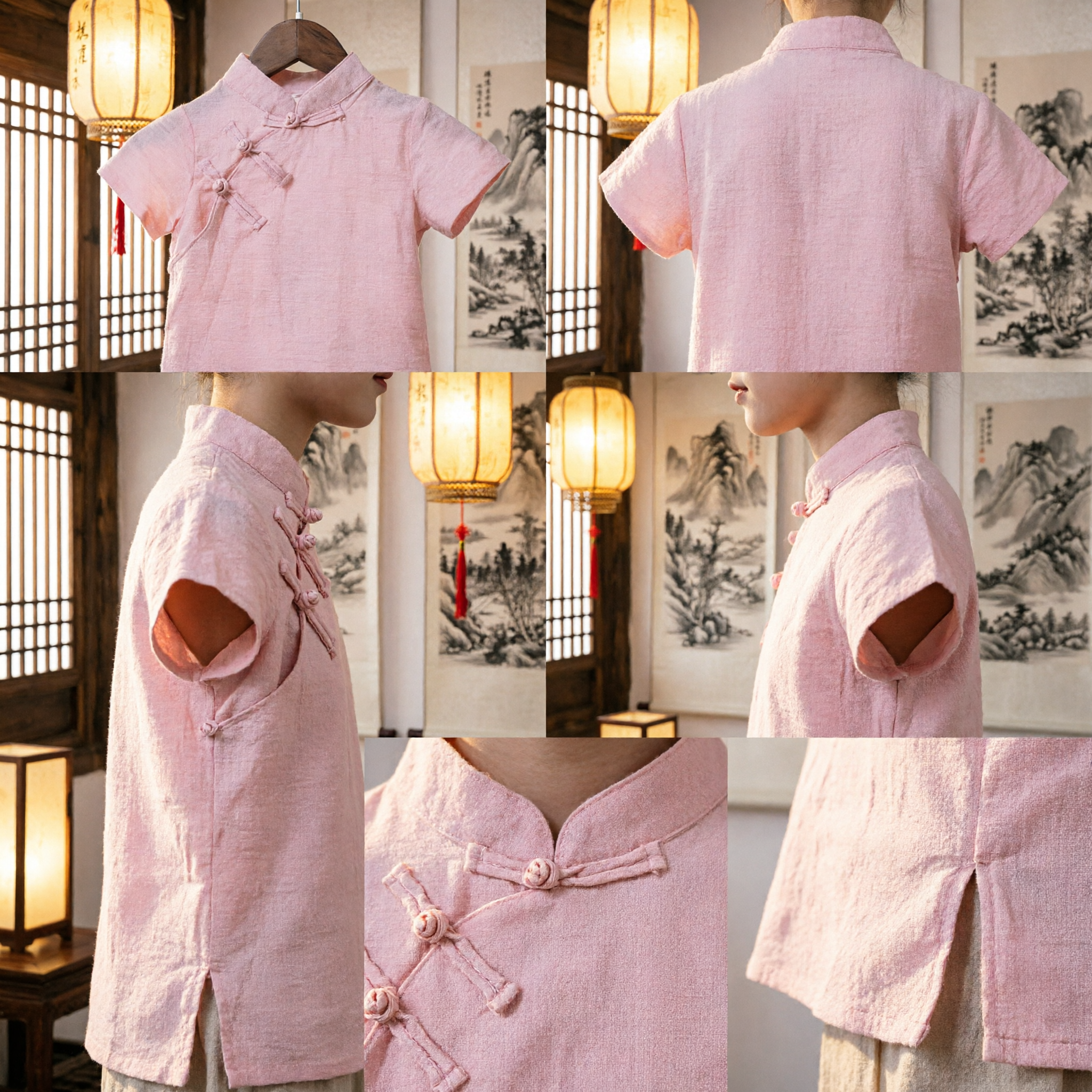 Mädchen rosa traditionelles chinesisches Tang-Anzug-Oberteil Leinen Kurzarm-Bluse Sommer Freizeitbekleidung - Asian Costume