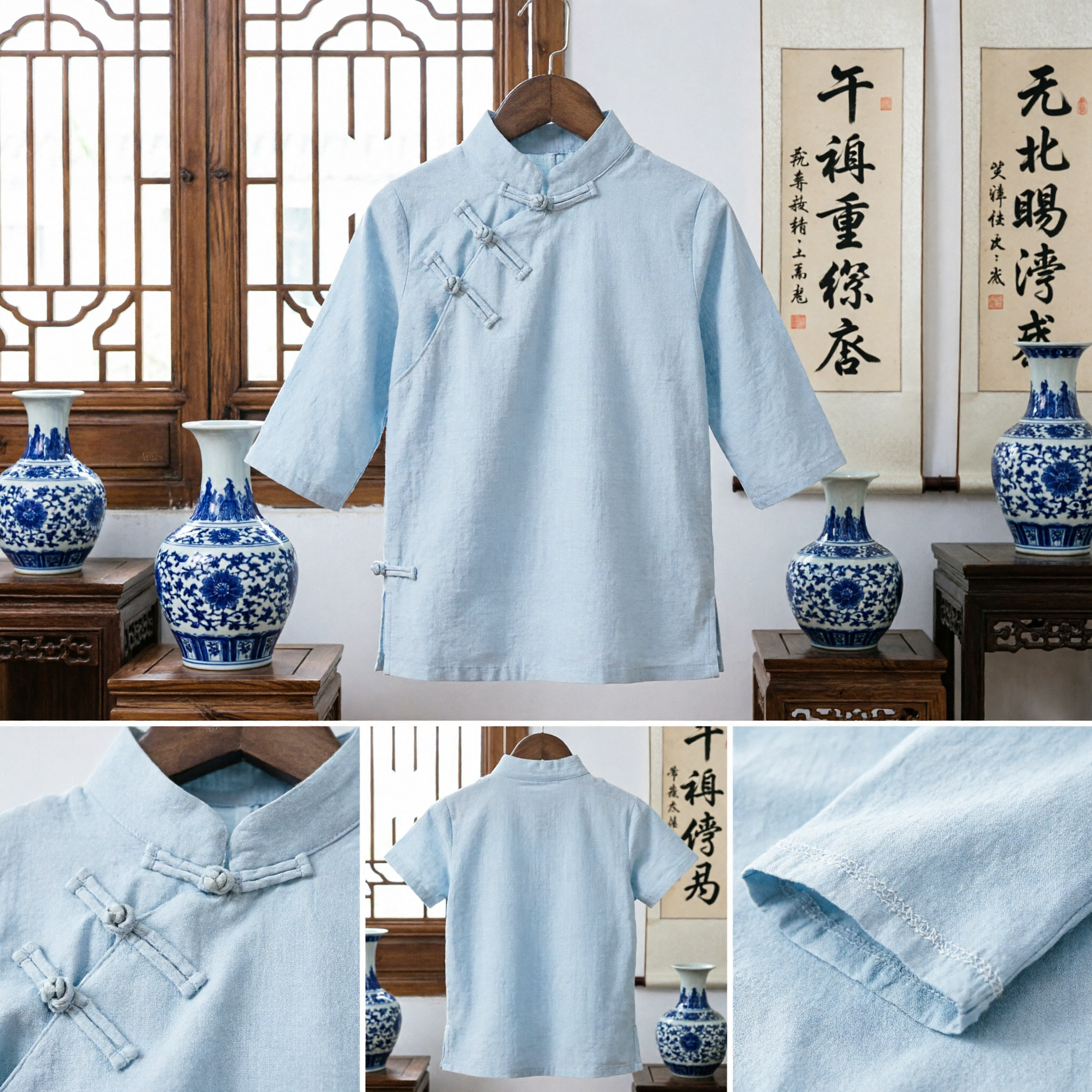 Top Tradicional Chinês Tang Suit de Manga Curta em Algodão e Linho Camisa com Gola Mandarim para Meninos e Meninas Crianças - Asian Costume