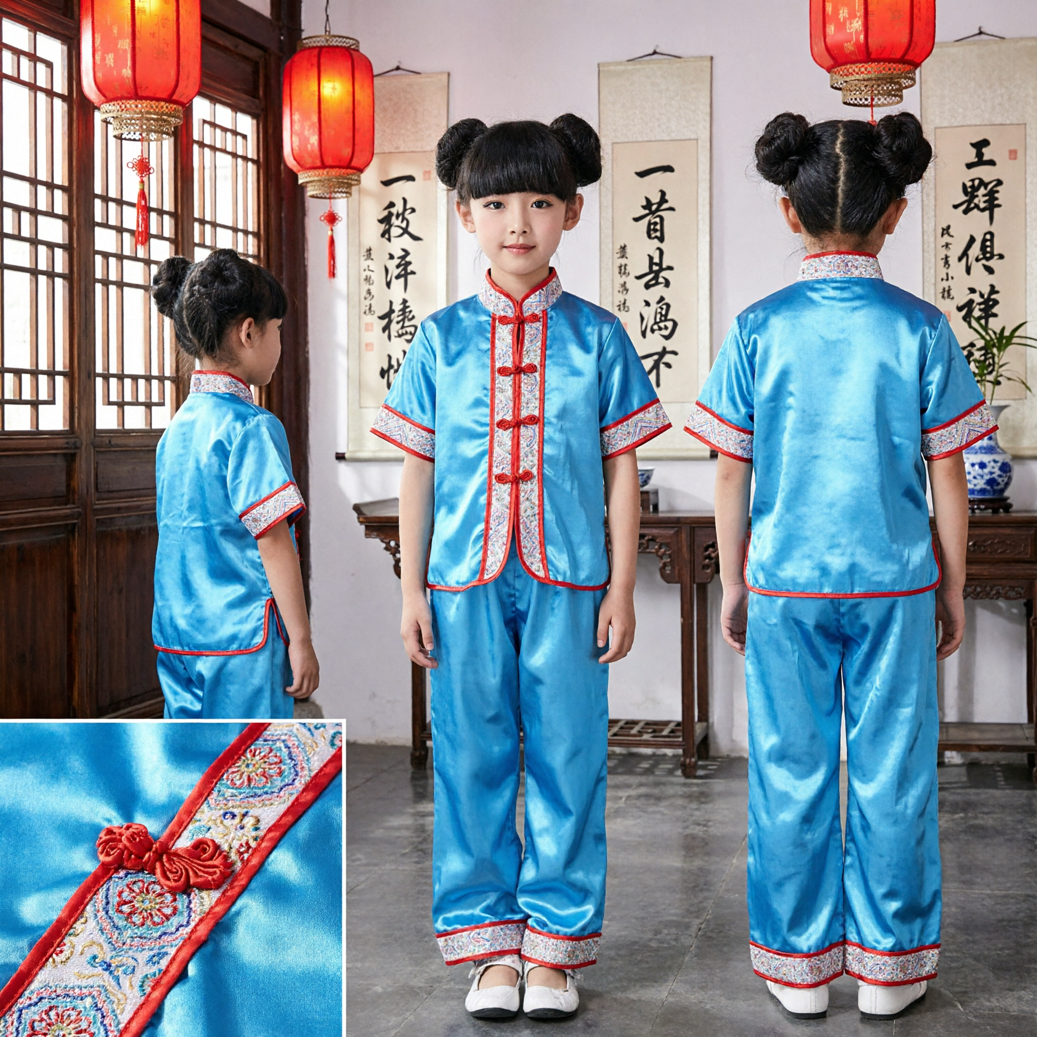 Costume de Kung Fu traditionnel chinois bleu pour filles, tenue Tang pour enfants pour spectacle d'arts martiaux - Asian Costume