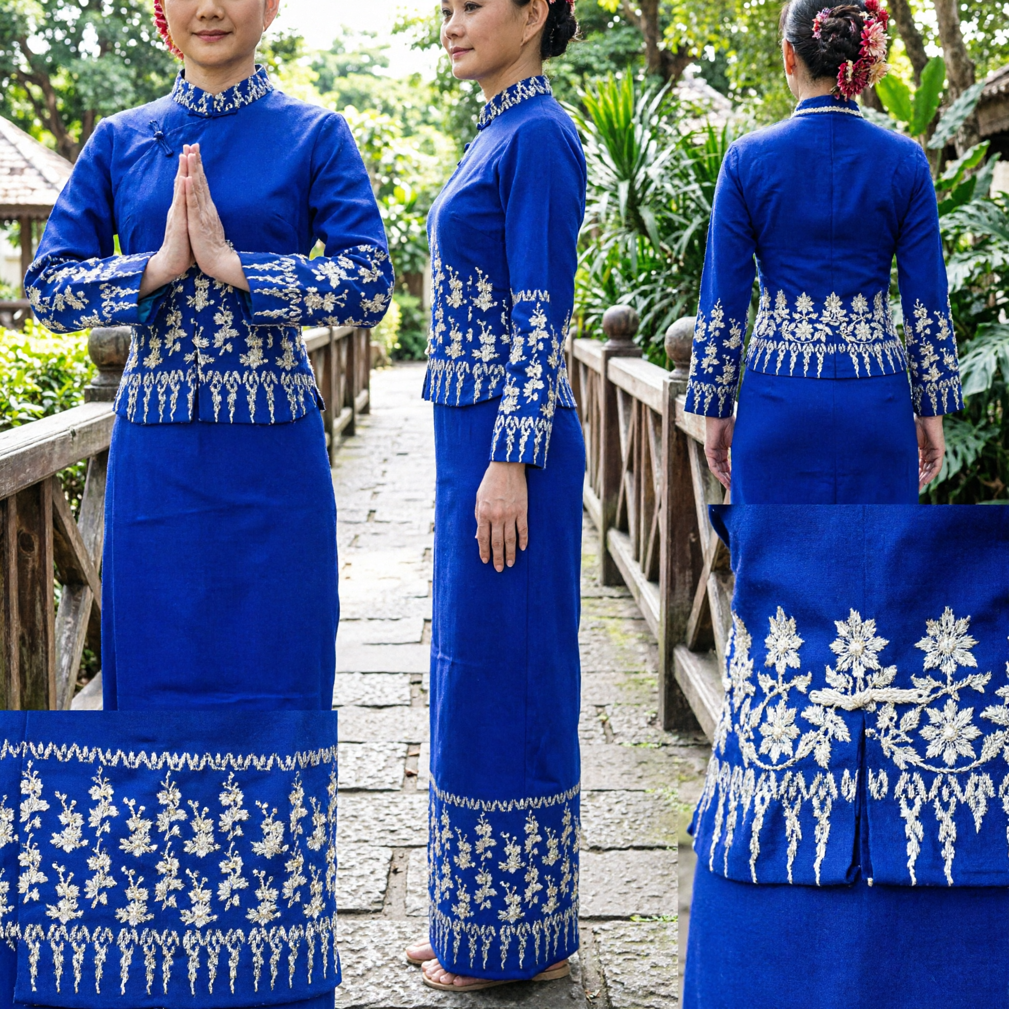 Robe longue brodée traditionnelle élégante bleu royal d'Asie du Sud-Est, costume pour femmes pour spectacle culturel - Asian Costume