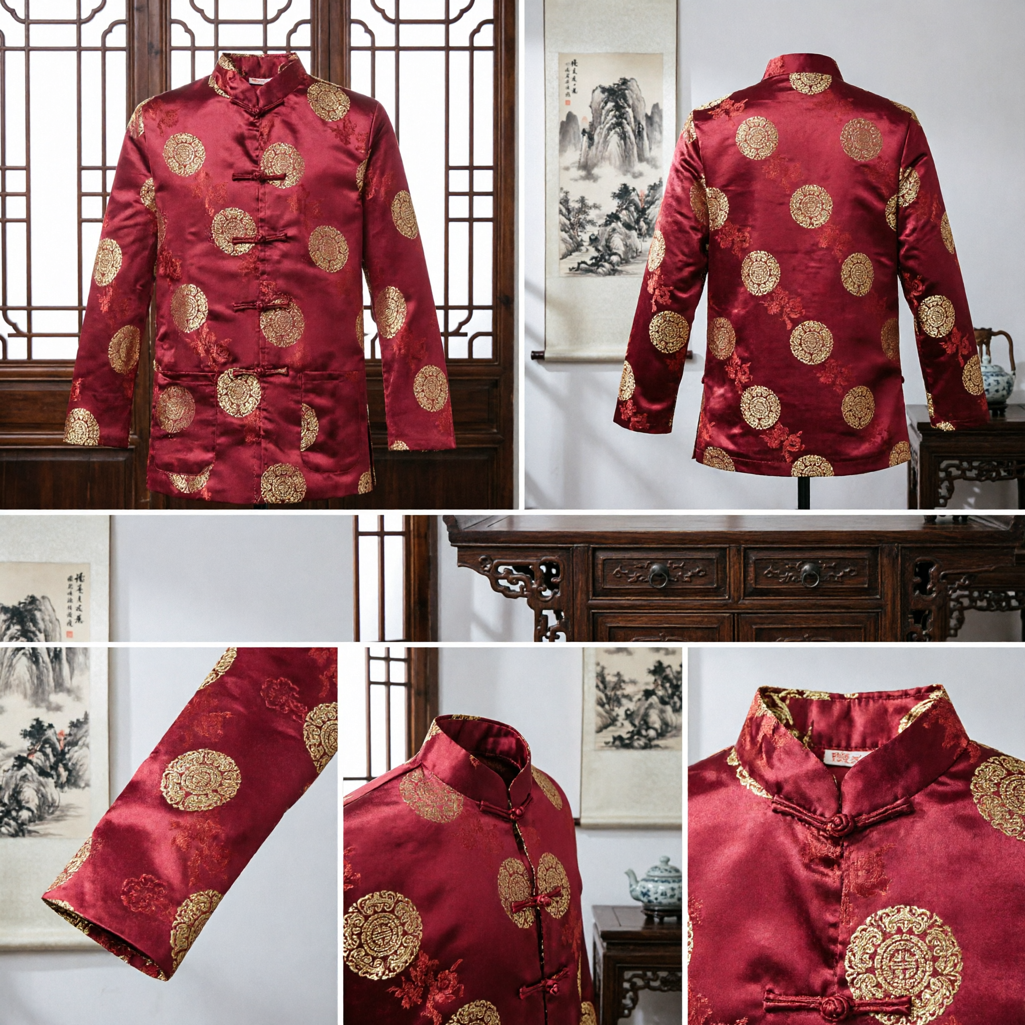 Chemise traditionnelle chinoise Tang pour hommes, brocart de soie rouge, col mandarin, chemise Kung Fu pour mariage et fête - Asian Costume