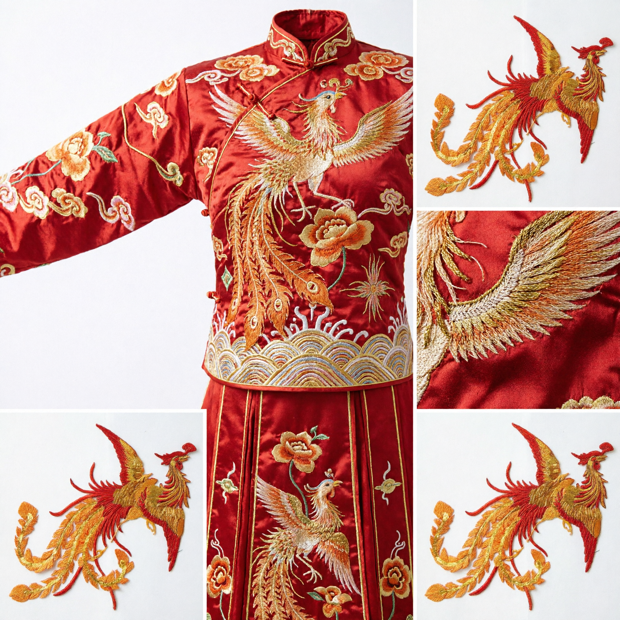 伝統中国 鳳凰刺繍パッチ 赤金フェンファンアップリケ 漢服・チャイナドレス衣装 DIYクラフトアクセサリー - Asian Costume