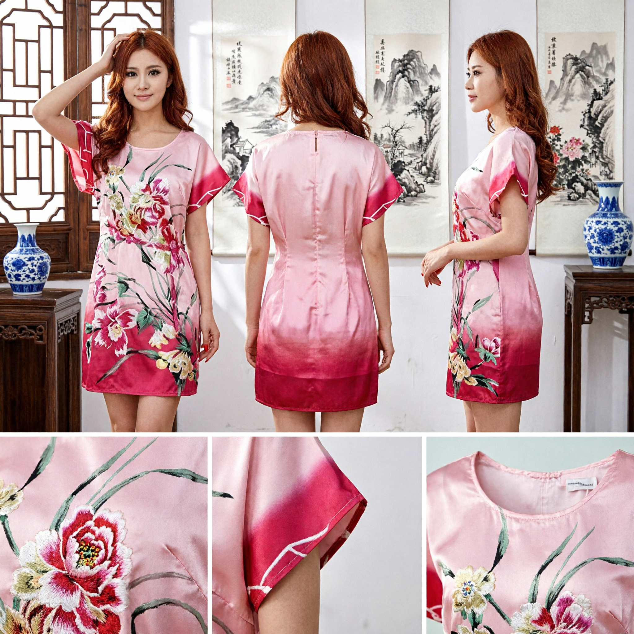 Camisola de Dormir de Seda Rosa com Flores, Estilo Qipao Chinês, Manga Curta, Vestido de Lazer - Asian Costume