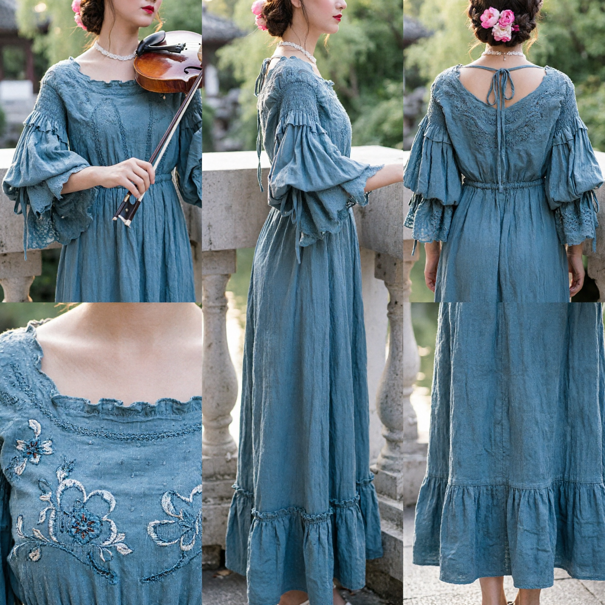 Elegante Vestido Tradicional Chino Azul de Encaje con Manga de Campana, Estilo Hanfu, Traje para Mujer para Presentaciones de Verano - Asian Costume