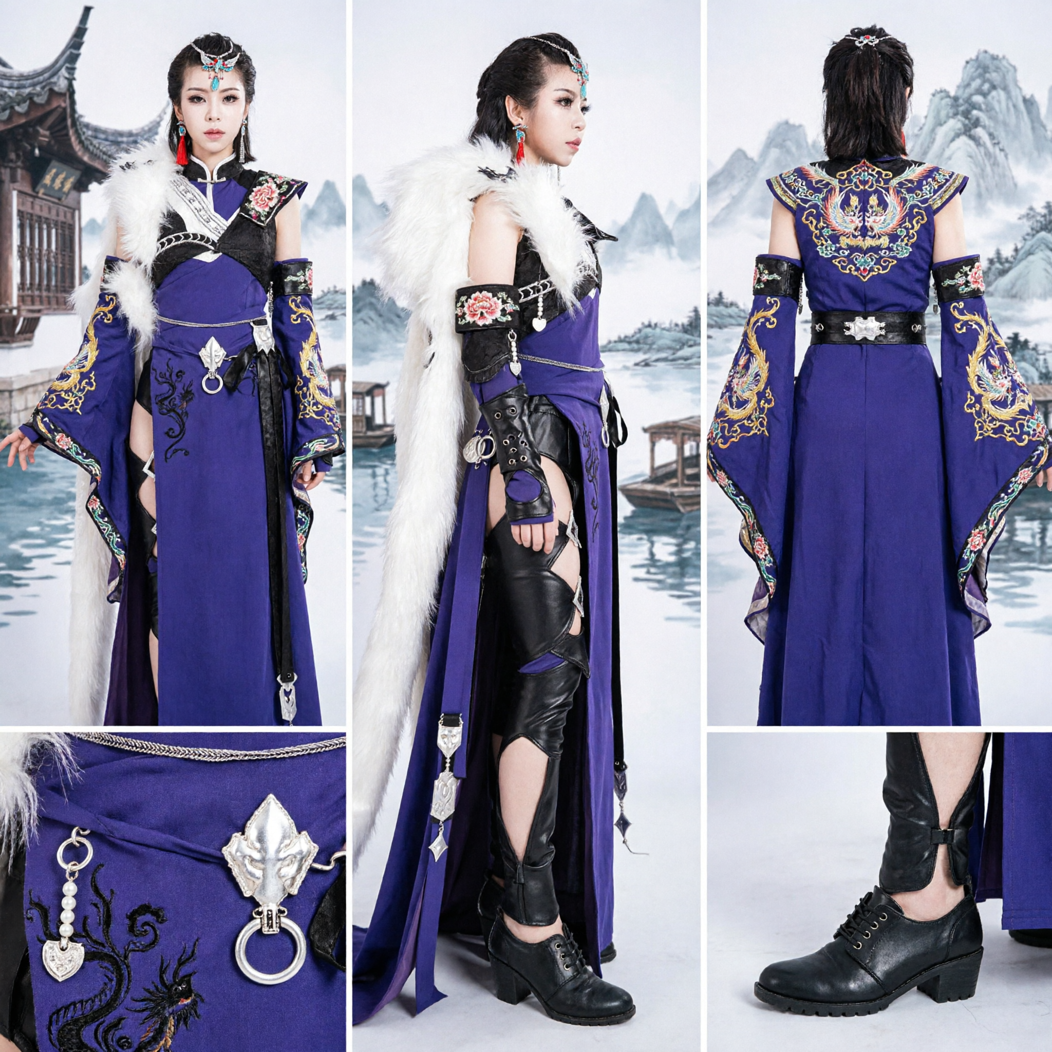 Costume d'assassin Wuxia traditionnel chinois, robe violette avec cape en fourrure blanche, tenue de cosplay féminine pour adultes - Asian Costume