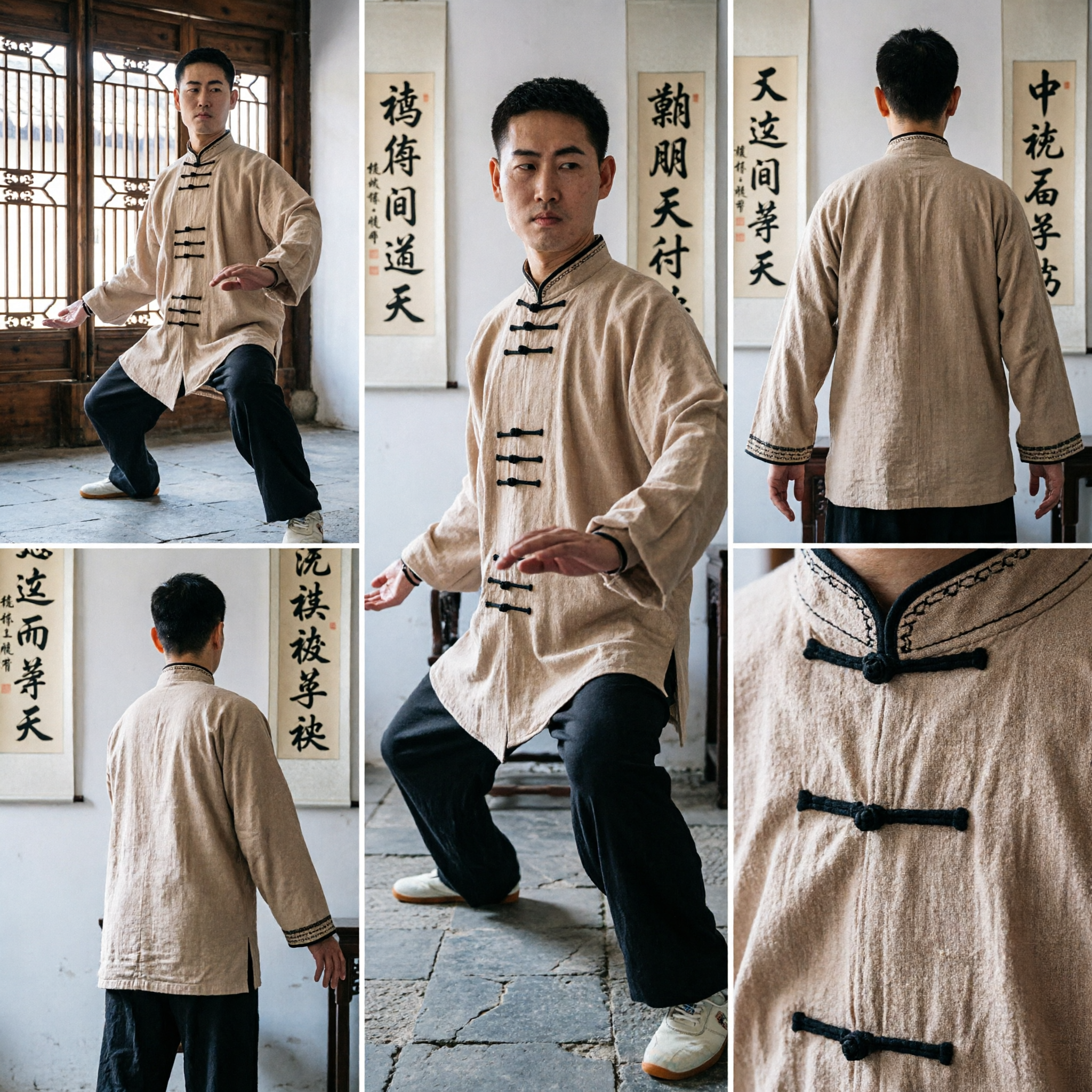 Uniforme Tradicional Chinês de Kung Fu Masculino Traje de Tai Chi Bege com Gola Mandarim e Botões de Fecho - Asian Costume