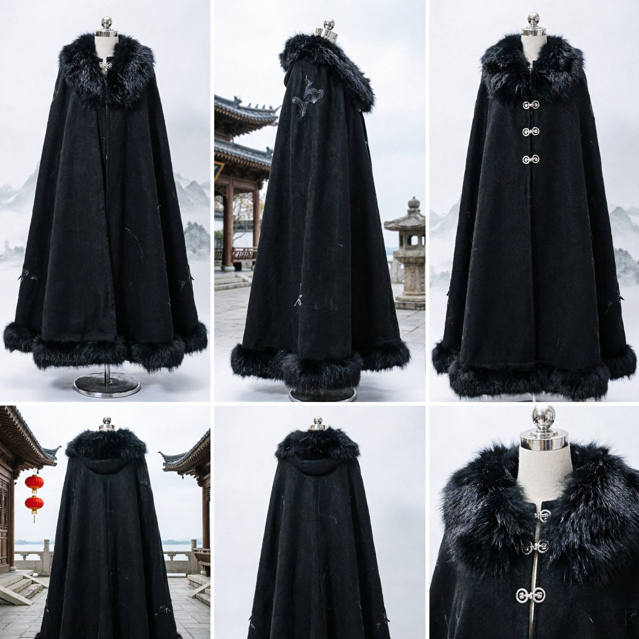 Manteau d'hiver noir traditionnel chinois avec bordure en fourrure, cape Hanfu ancienne pour cosplay et reconstitution historique - Asian Costume