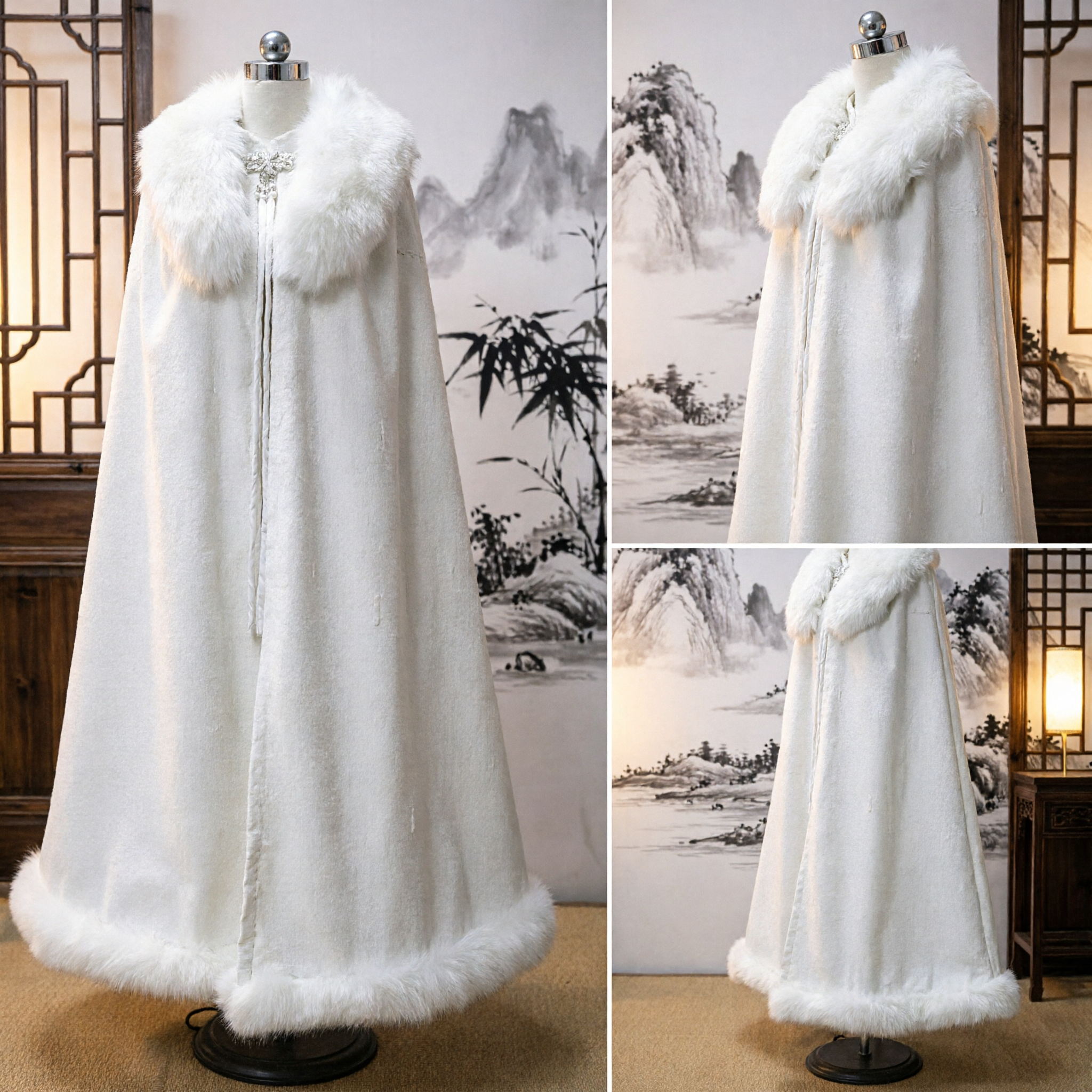 Capa Elegante Branca com Aplicação de Pele Cape Aconchegante de Inverno Vestuário Externo Hanfu Traje Tradicional Chinês para Mulheres - Asian Costume