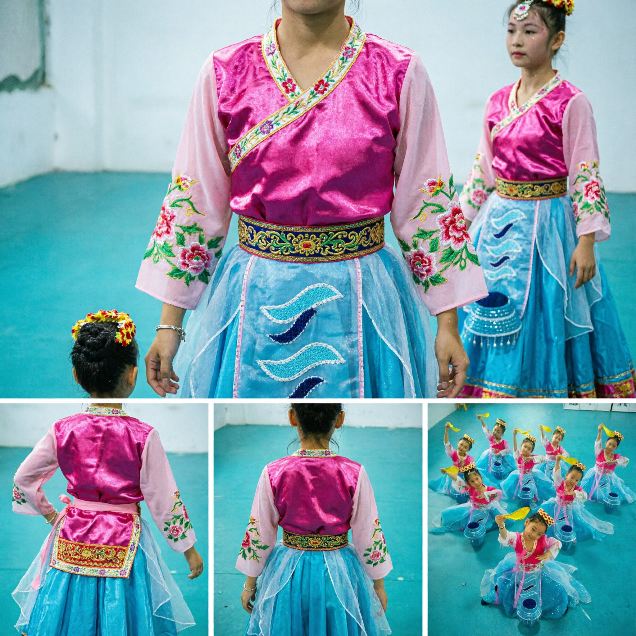 Traje Tradicional Coreano Hanbok para Dança para Meninas Top Rosa e Saia Azul Traje de Palco para Meninas - Asian Costume