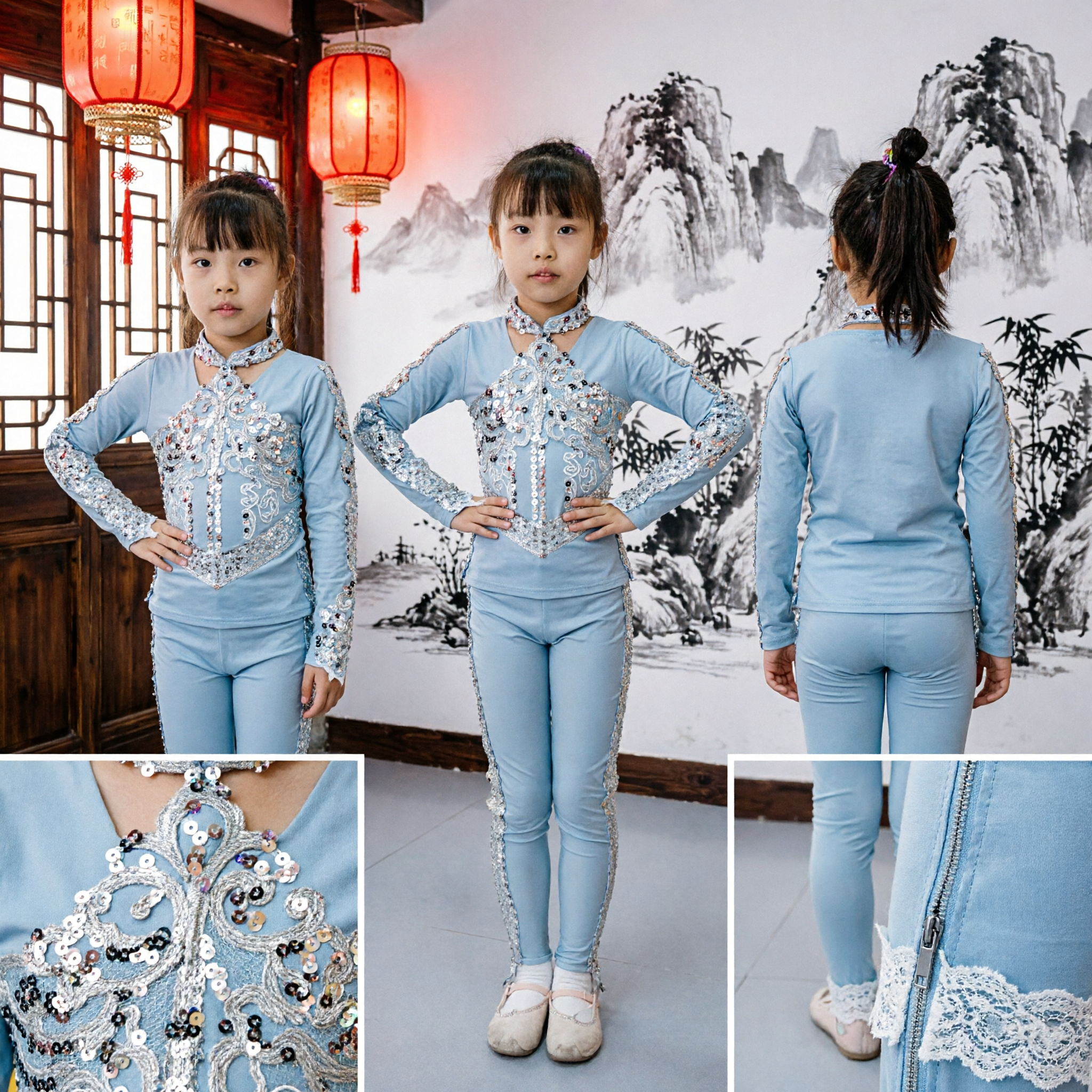 Costume da danza cinese per bambine Top e pantaloni con decorazioni in paillettes azzurri Set per esibizione - Asian Costume