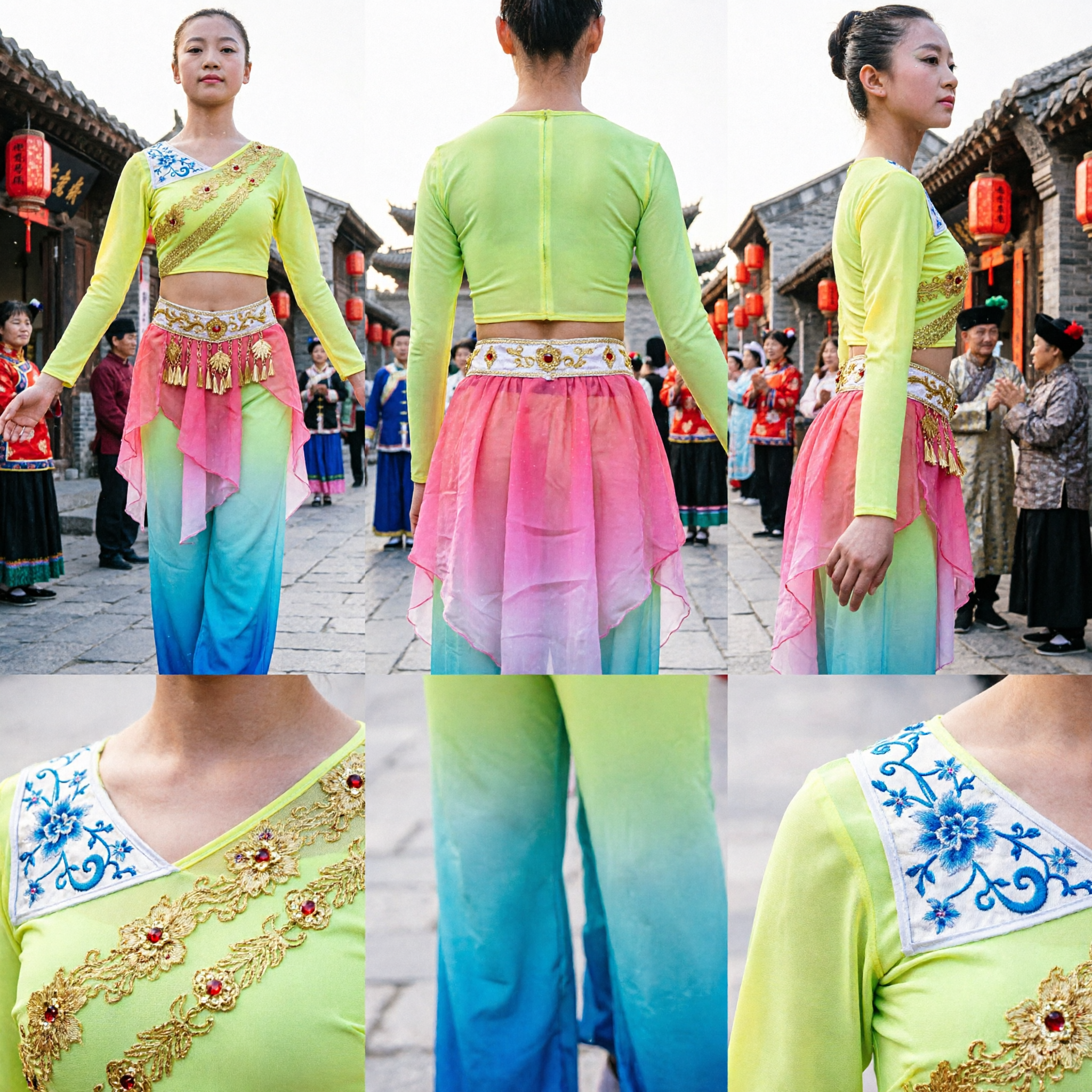 Meisjes Limoengroen Acrobatiek Unitard met Roze Sjerp voor Traditionele Chinese Dans Optreden en Wedstrijd - Asian Costume