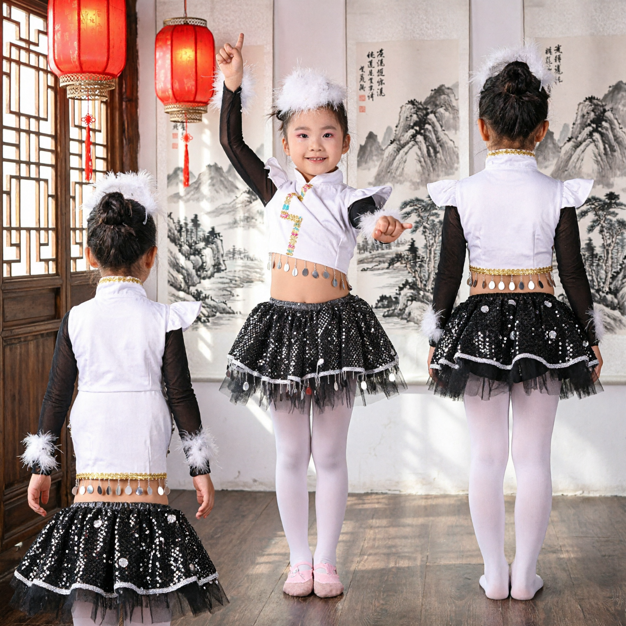 Traje de Danza Étnica Moderna para Niñas Top Corto Blanco Falda Negra de Lentejuelas Conjunto para Presentación Escénica - Asian Costume