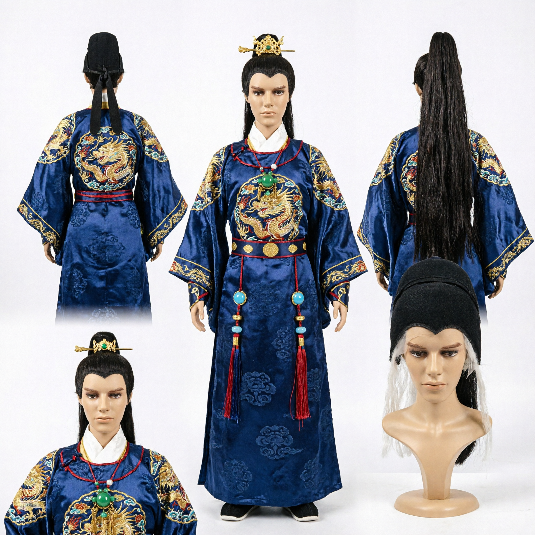 Starożytna chińska peruka męska z koronką, czarny kok, długie włosy, akcesorium do cosplayu Wuxia Hanfu - Asian Costume