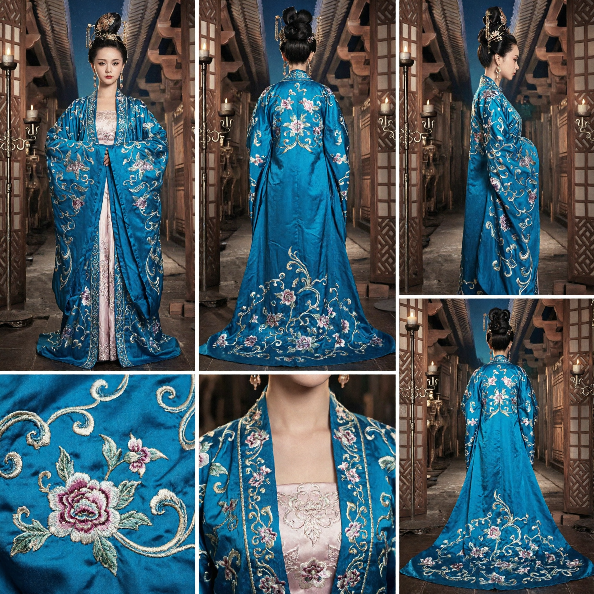 우아한 블루 중국 한푸 고풍 궁녀 자수 로브 전통 의상 여성 코스프레 - Asian Costume