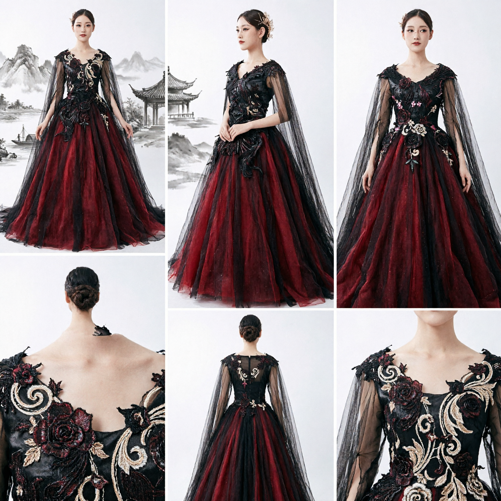 Robe de bal gothique dramatique rouge et noir avec cape transparente, pour mariages d'ombre ou spectacles scéniques - Asian Costume