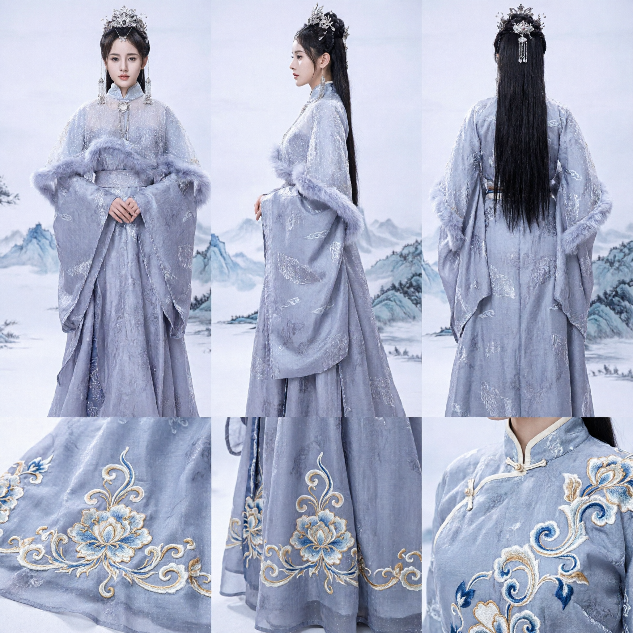 Elegant Lichtblauw Oud Chinese Fee Hanfu Kostuum met Bontafzetting voor Vrouwen Cosplay en Podiumoptreden - Asian Costume