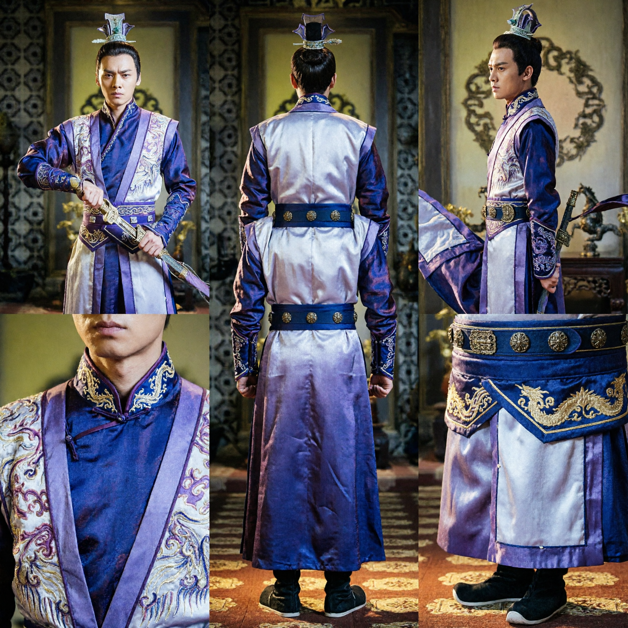 Costume Hanfu da Principe Cinese Antico per Uomini, da Spadaccino Tradizionale, Veste Blu Ricamata, Abito per Cosplay di Drammi Storici - Asian Costume