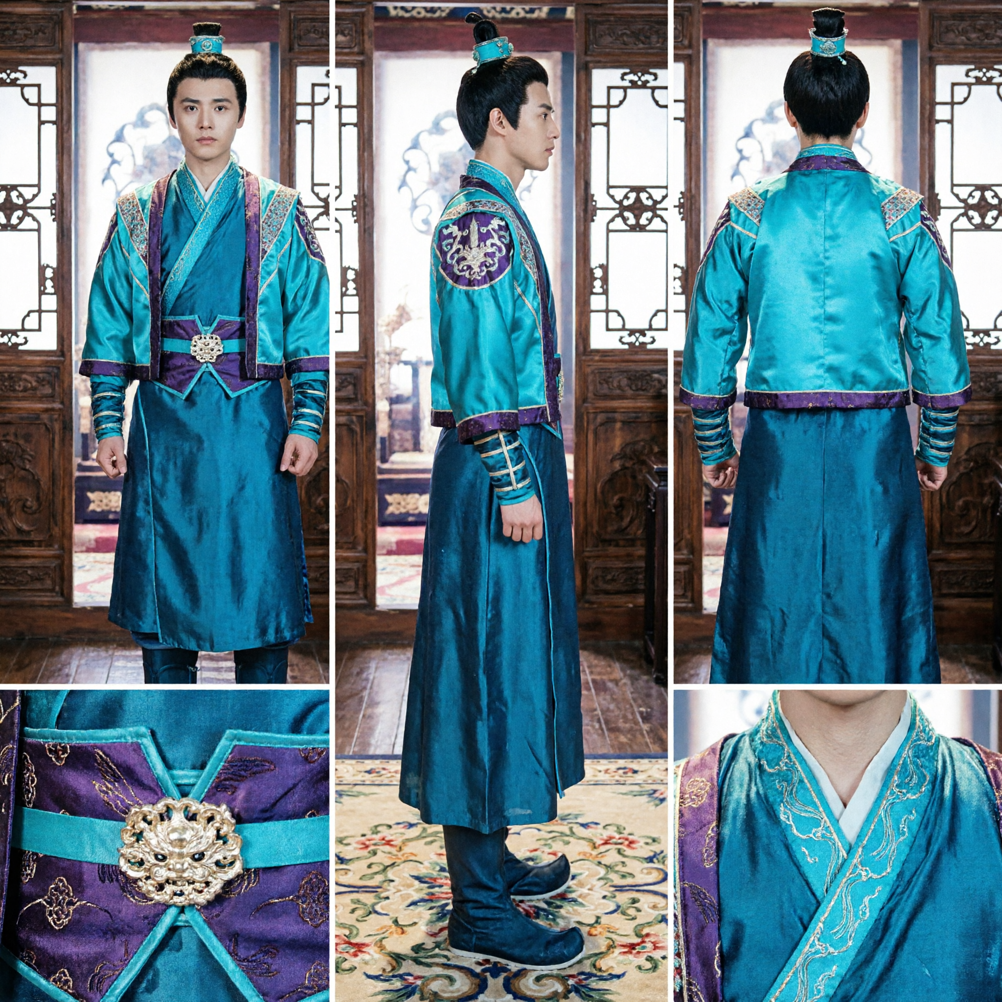 Heren Blauwgroen Chinees Wuxia Vechtkunst Kostuum Traditioneel Zwaardvechter Hanfu Outfit voor Cosplay - Asian Costume