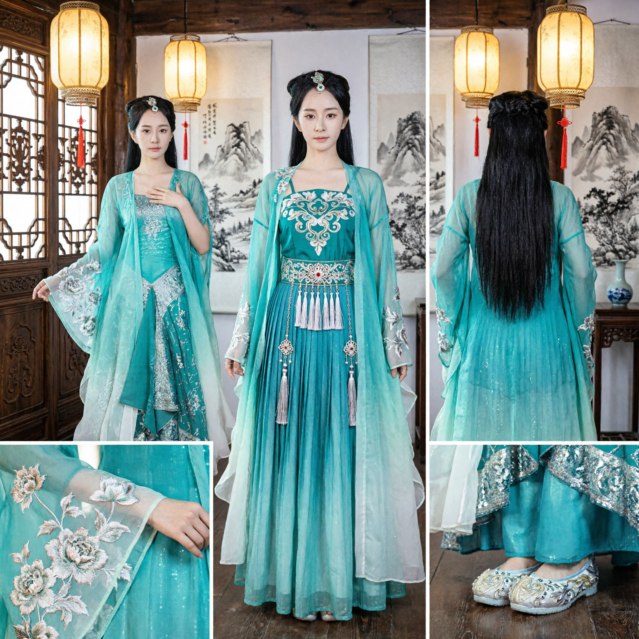 전통 중국 고대 한푸 의상 파란색 녹색 자수 선녀 드레스 여성 코스프레 공연용 - Asian Costume