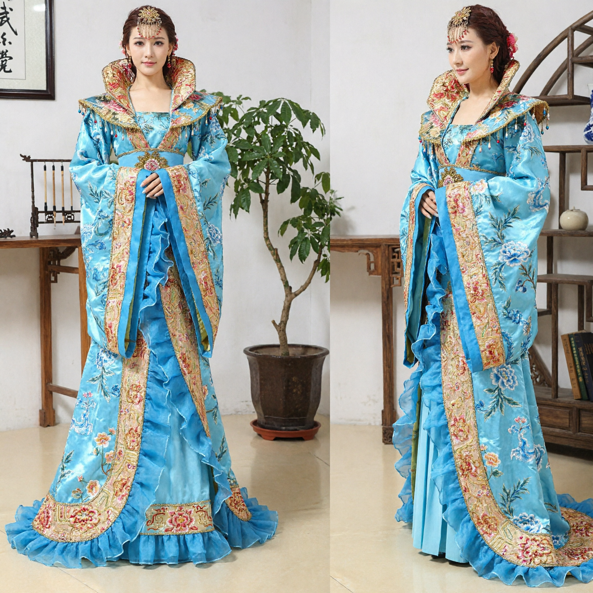 Królewski Niebieski Chiński Kostium Hanfu, Suknia Cesarzowej z Dynastii Tang, Starożytne Ubranie dla Kobiet do Występów Scenicznych - Asian Costume