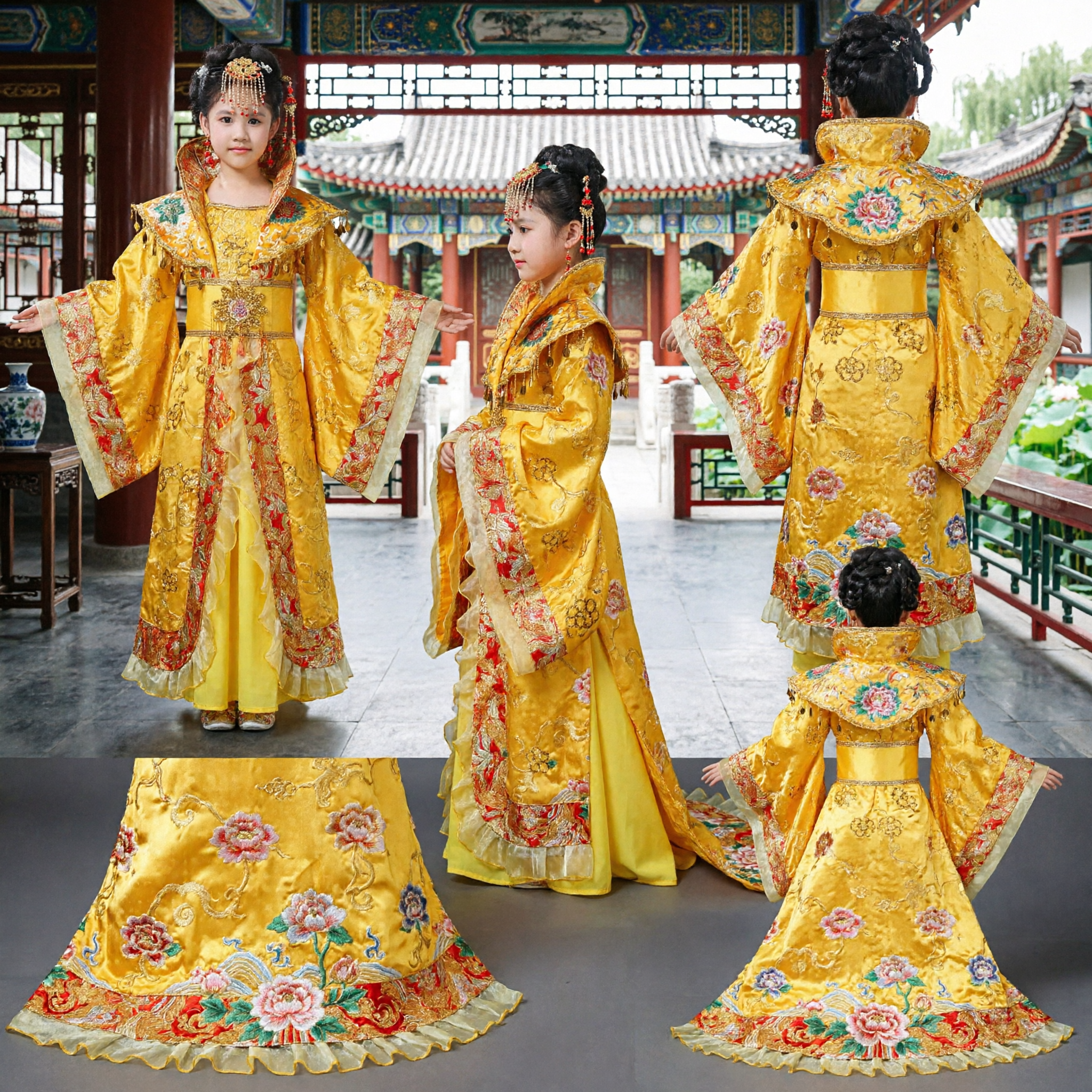Antikes chinesisches Kaiserinnenkostüm für Kinder, gelbes Tang-Dynastie-Prinzessinnen-Hanfu-Kleid für Mädchenauftritte - Asian Costume