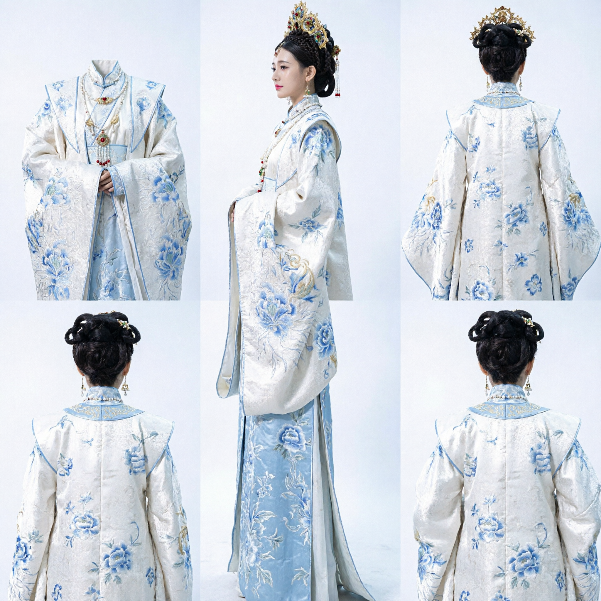 Elegant Wit en Blauw Geborduurd Antiek Chinees Prinses Hanfu Kostuum Set met Hoofdtooi voor Vrouwen Cosplay Optreden - Asian Costume