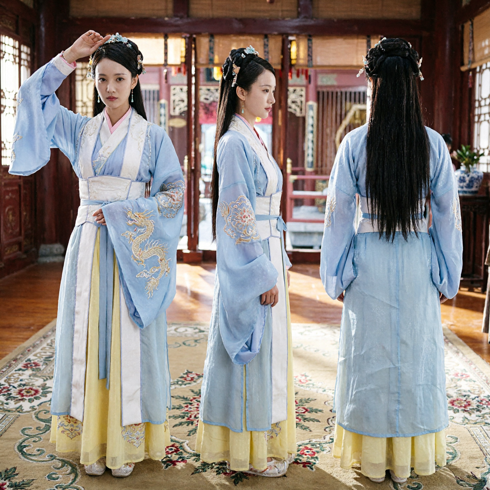 Costume Hanfu Cinese Antico per Donne Tunica Blu e Gonna Gialla Abito Tradizionale per Cosplay e Spettacoli - Asian Costume