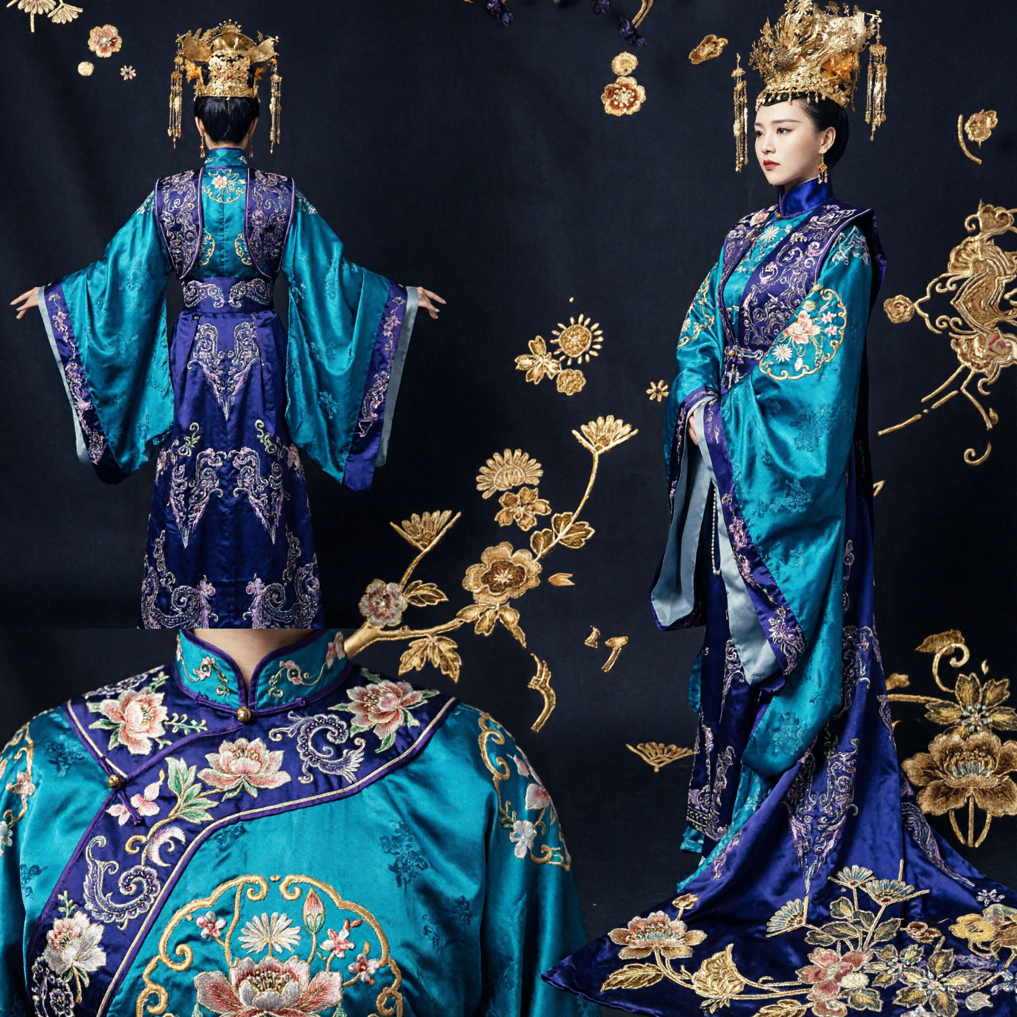 Starożytny chiński niebieski strój Hanfu – Tradycyjna cesarska suknia królewska z nakryciem głowy dla kobiet na cosplay i występy - Asian Costume