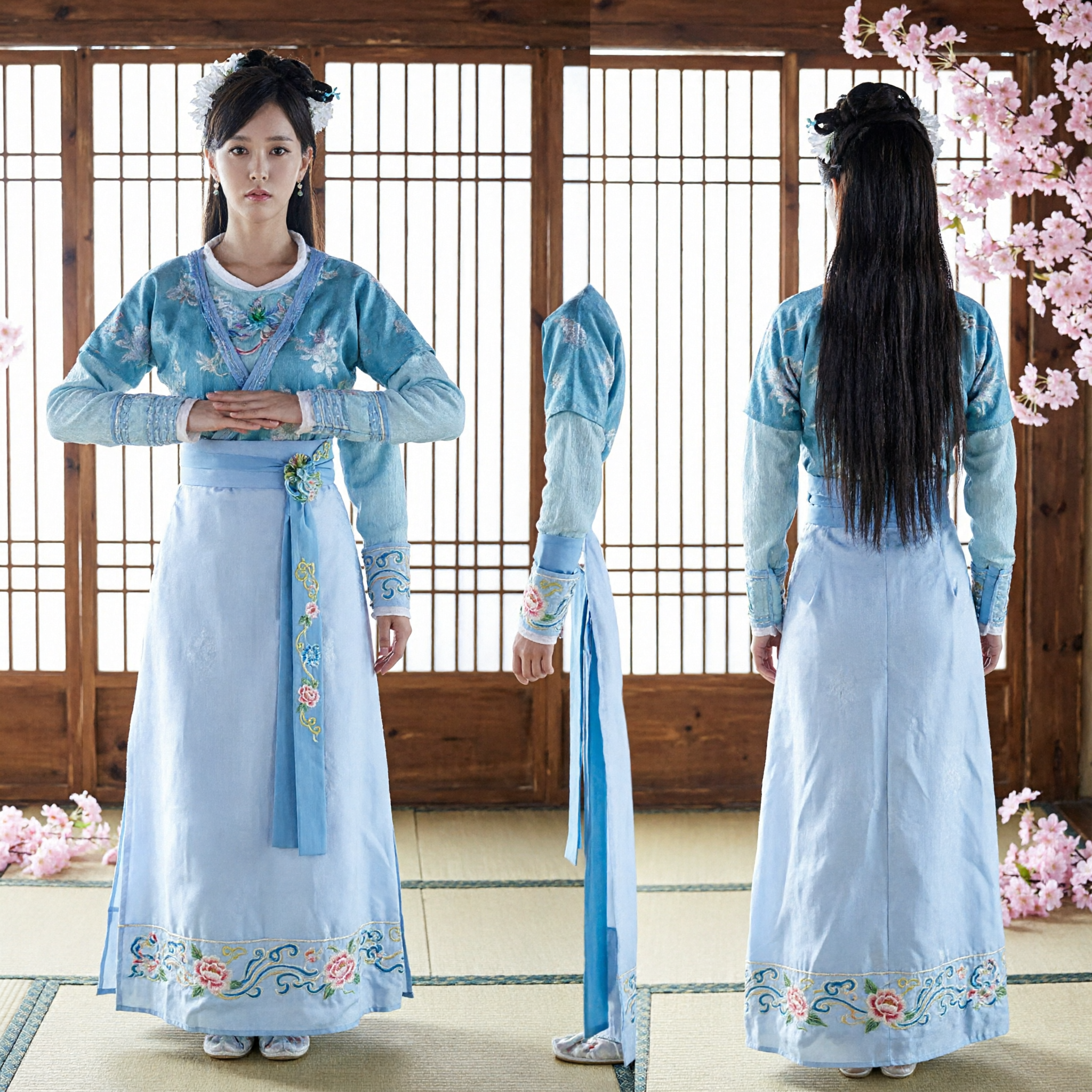 Elegancki tradycyjny chiński Hanfu – Niebieski starożytny strój dla kobiet na cosplay Wuxia i występy sceniczne - Asian Costume