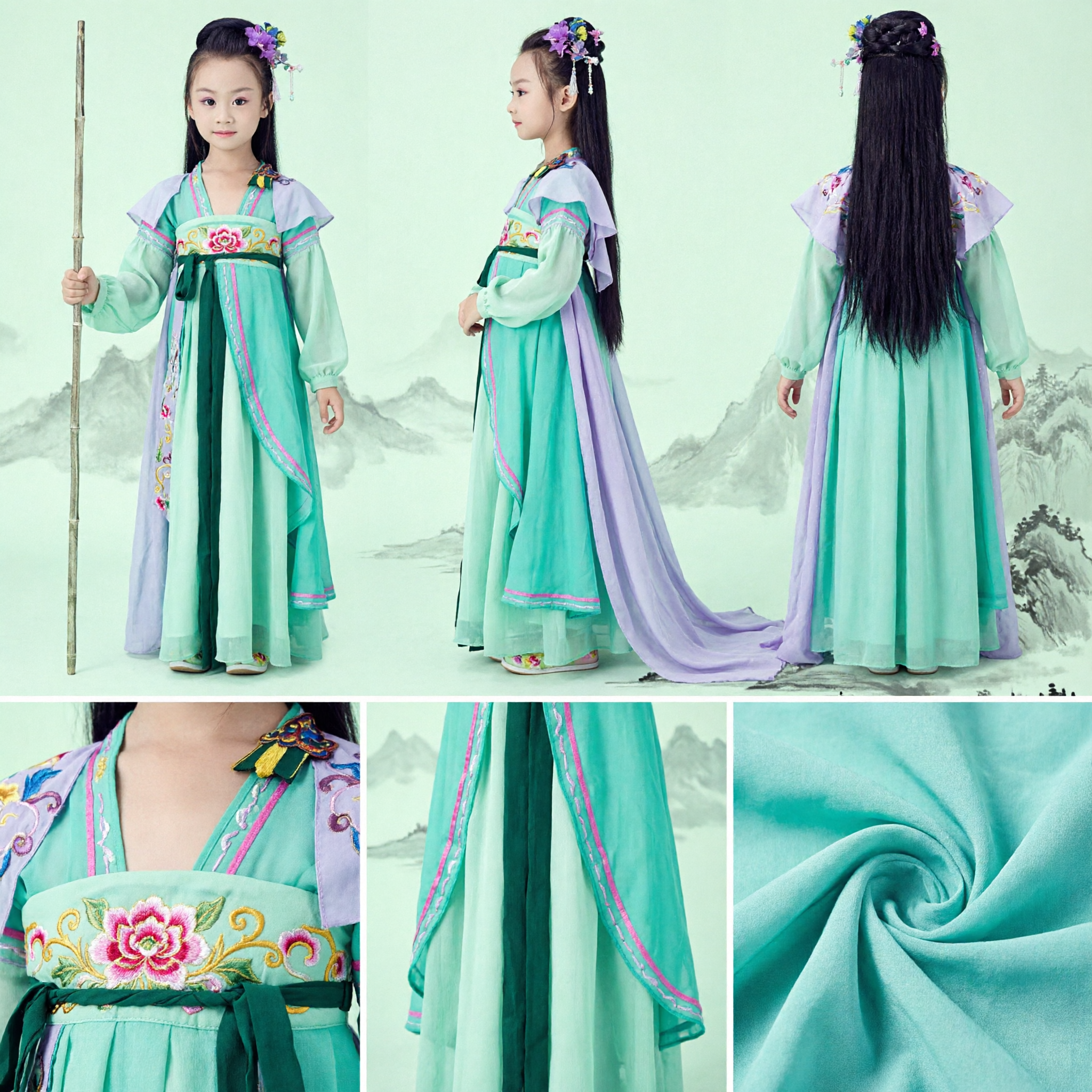 Costume Hanfu chinois ancien pour filles enfants, robe de princesse fée verte, pour spectacle sur scène et cosplay - Asian Costume