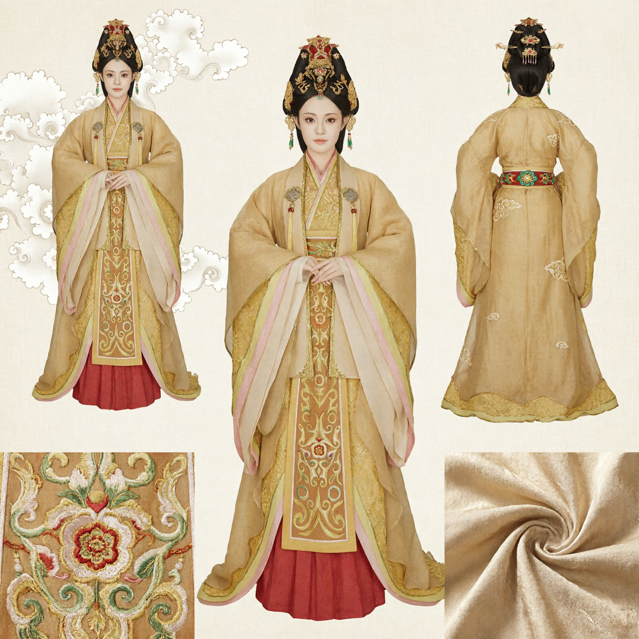Ancient Chinese Empress Costume Yellow Embroidered Hanfu Robe Historical Drama Cosplay Complete Set for Women - Asian Costume