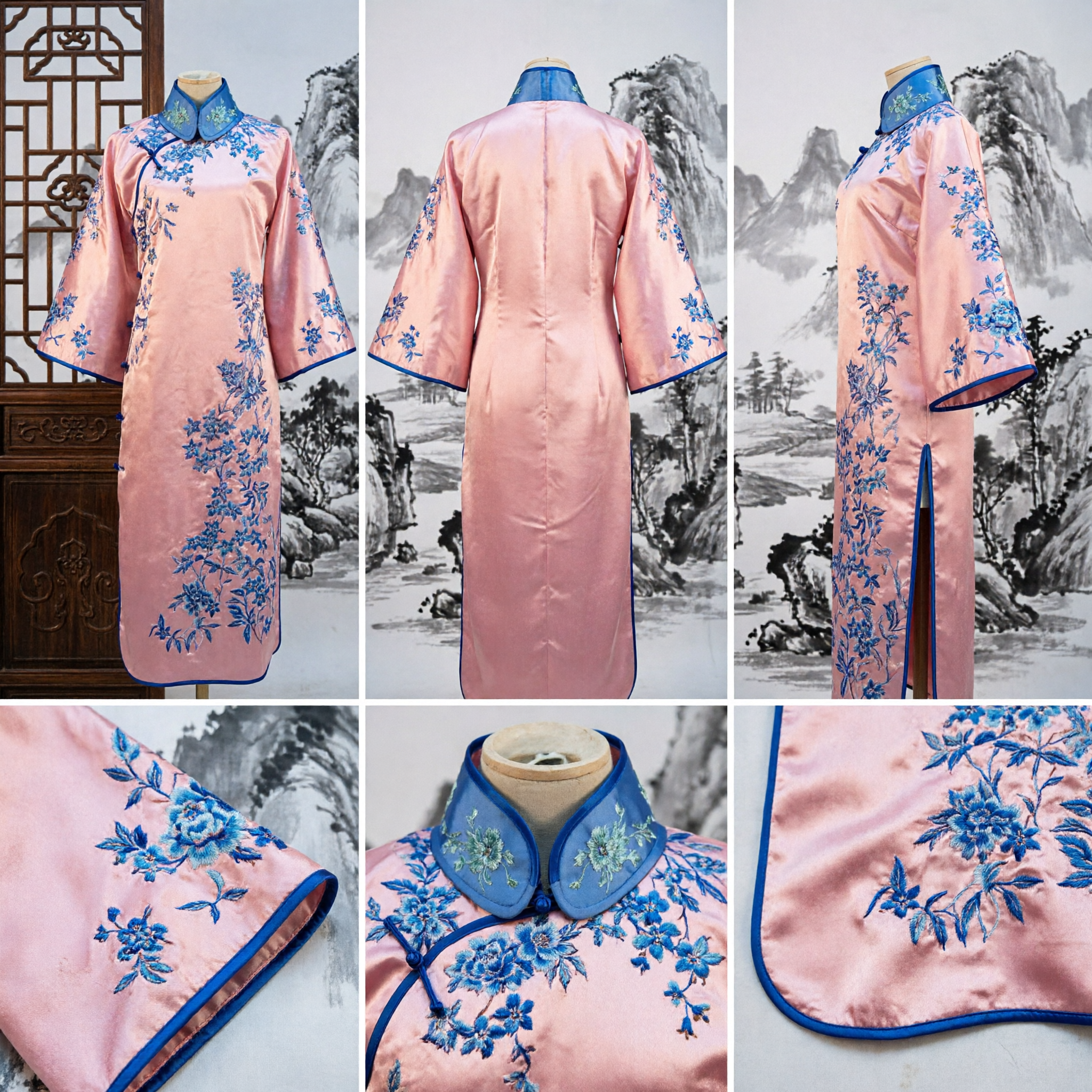 Cheongsam Tradizionale Cinese Rosa con Ricamo Floreale Blu Maniche Ampie Abito Antico per Donne Spettacoli - Asian Costume