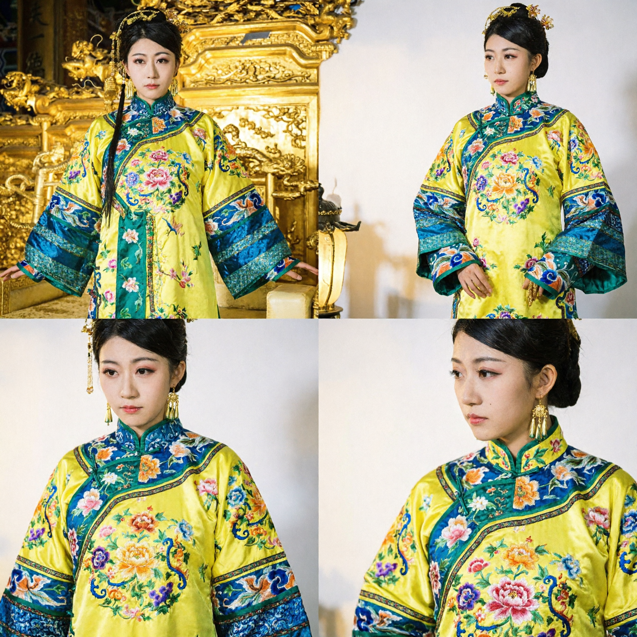 Costume traditionnel chinois de princesse mandchoue de la dynastie Qing, robe jaune brodée de fleurs pour cosplay pour femmes - Asian Costume