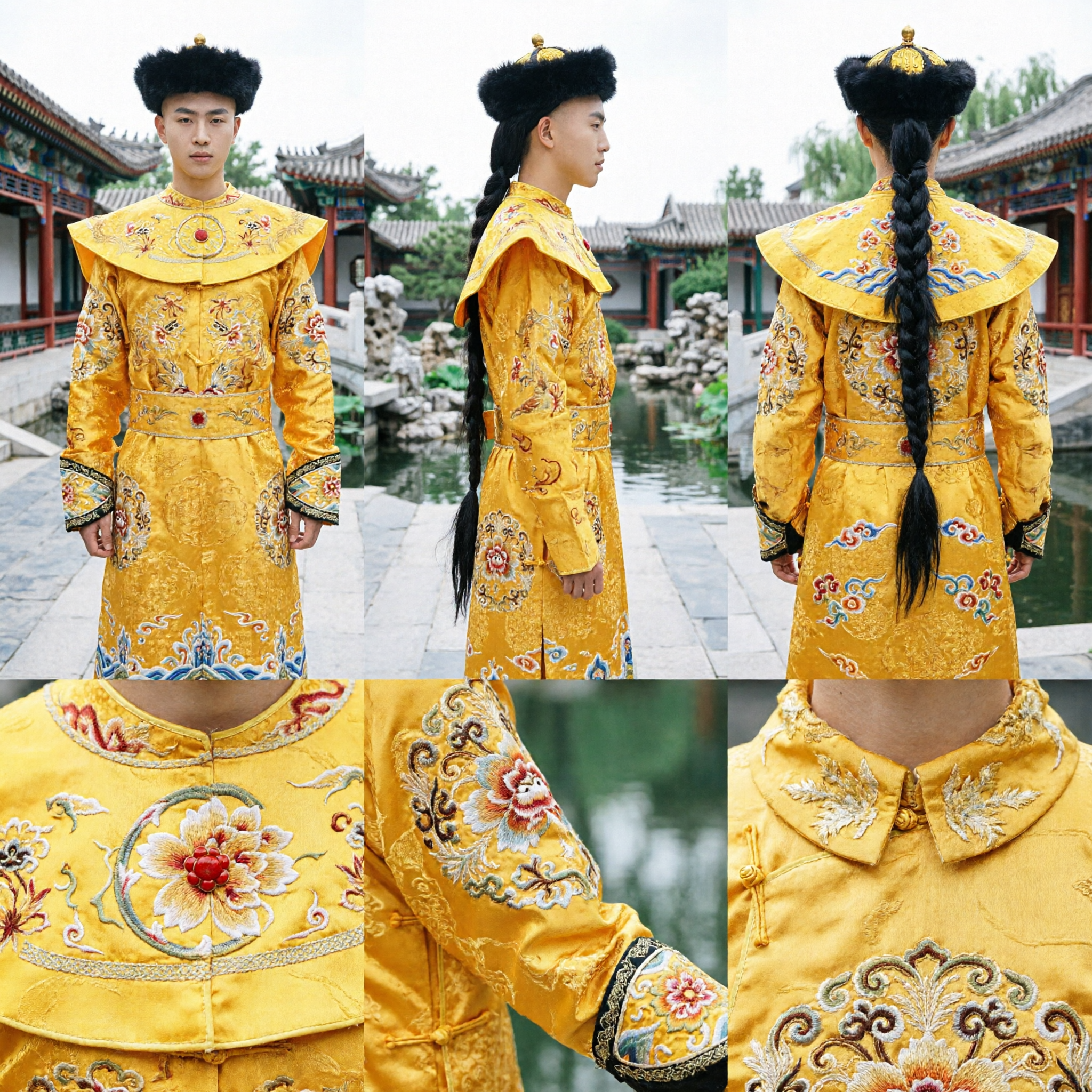 伝統中国 清朝皇帝 黄龍ローブ衣装 毛皮帽子付き 男性用 歴史コスプレ - Asian Costume
