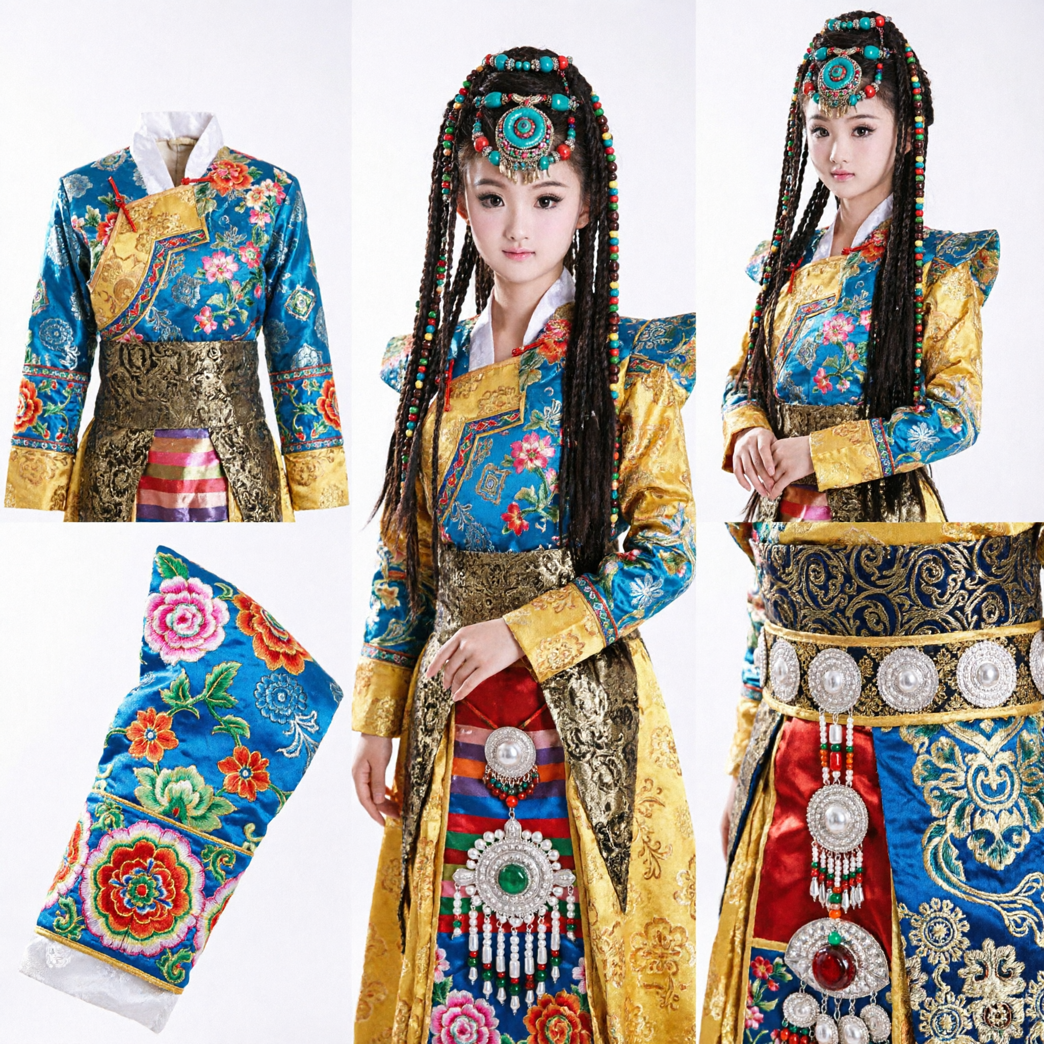 Traditionelles tibetisches Tanzkostüm für Mädchen, Kinder-Ethnische-Minderheiten-Auftrittskleid mit Perlen-Kopfschmuck - Asian Costume