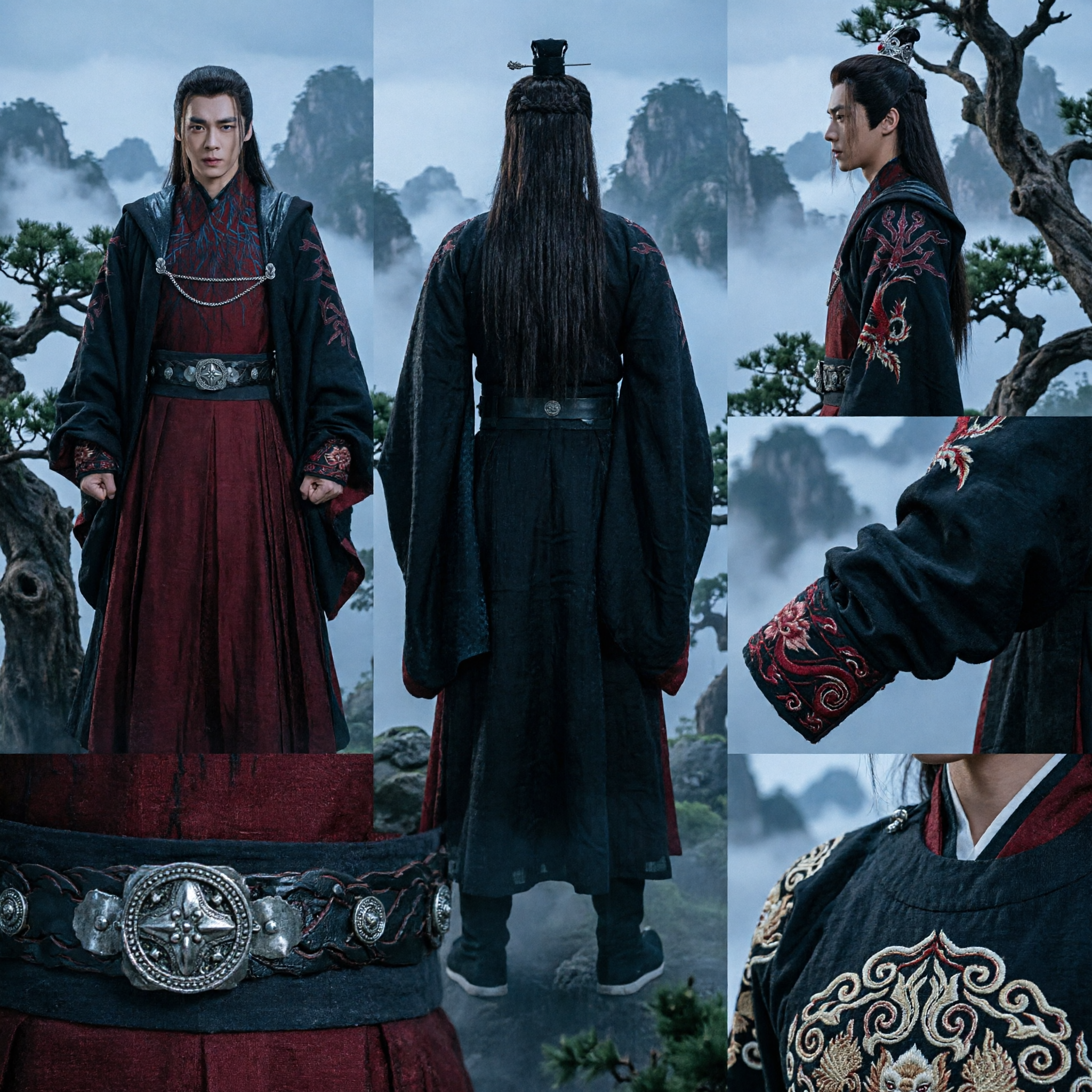 Men's Chinese Ancient Wuxia Swordsman Hanfu Costume Noble Aspirations Cosplay Outfit Black Red Warrior Robe - Asian Costume