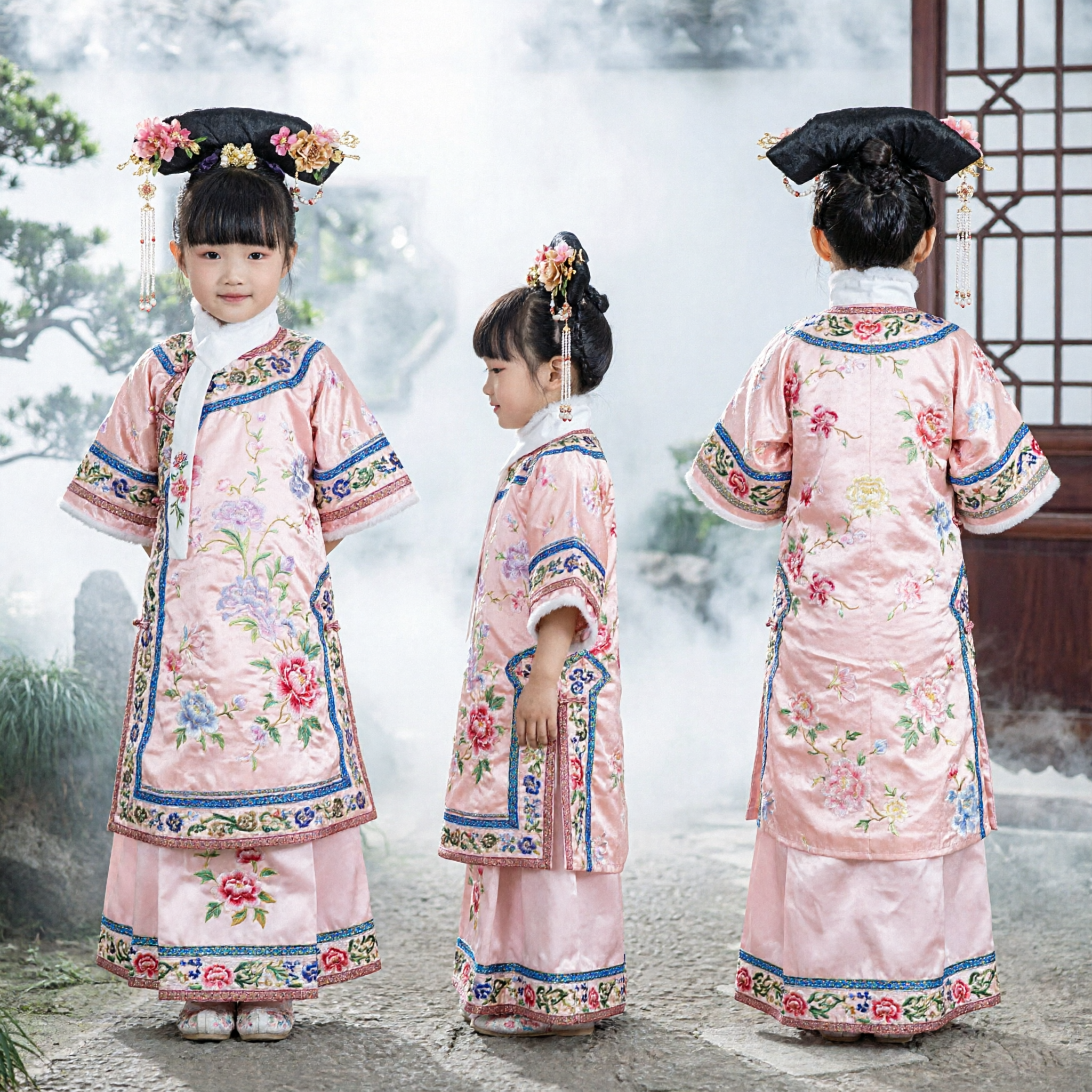 Traje de Princesa Manchu da Dinastia Qing Tradicional Chinês para Crianças Meninas Conjunto de Robe Bordado e Adorno de Cabeça para Performance - Asian Costume