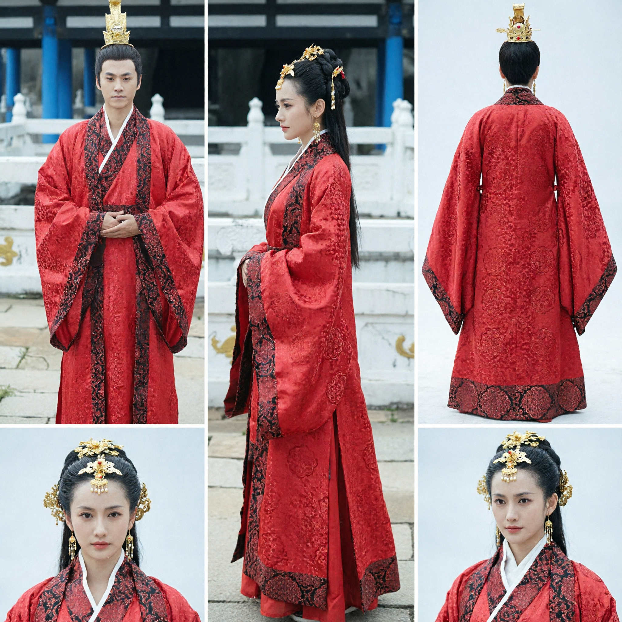 古代中国婚礼漢服 カップル衣装 赤い伝統新郎新婦ローブ 歴史的コスプレ用 - Asian Costume