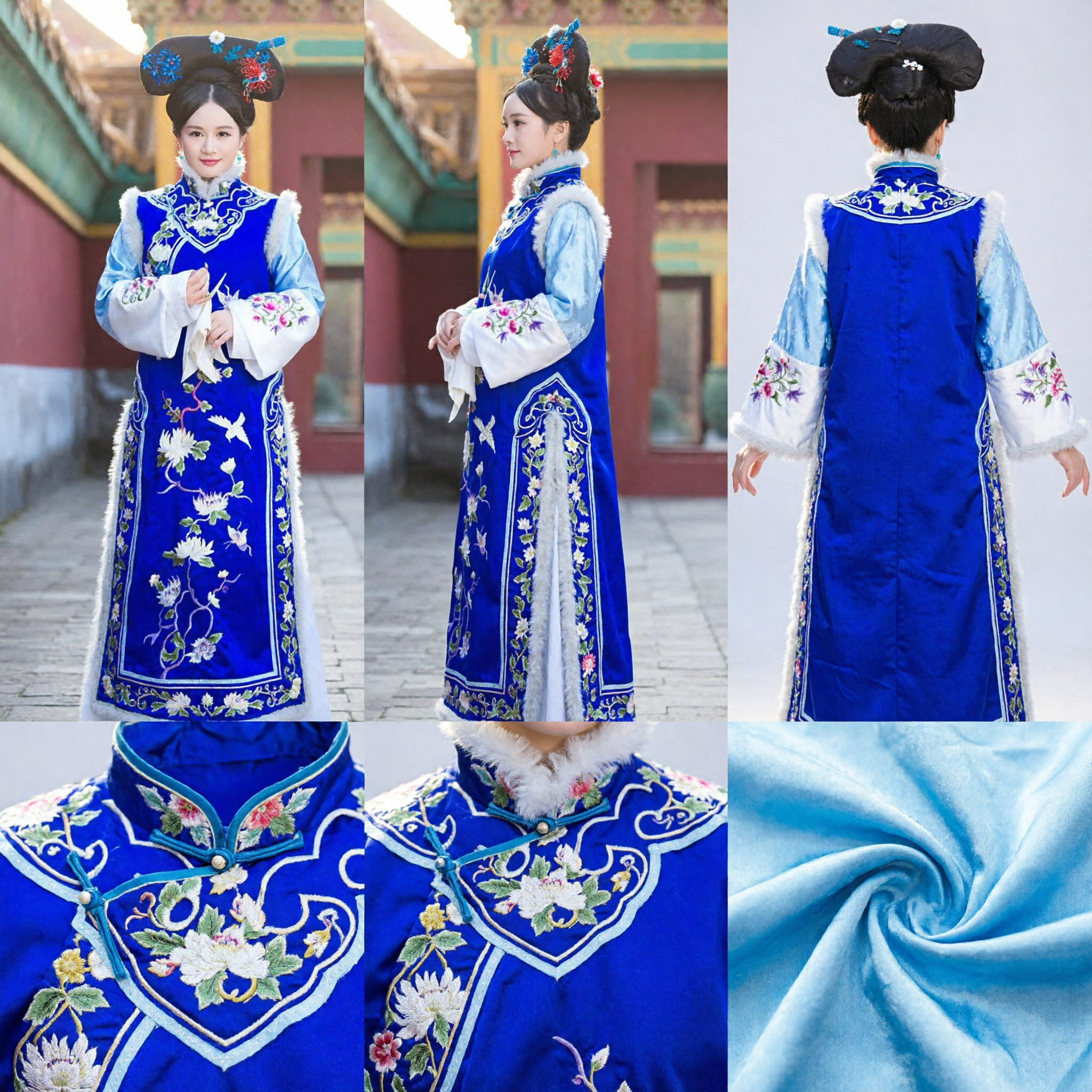 Costume de princesse mandchoue de la dynastie Qing chinoise traditionnelle, robe de palace bleue en velours brodé pour cosplay et spectacle féminin - Asian Costume