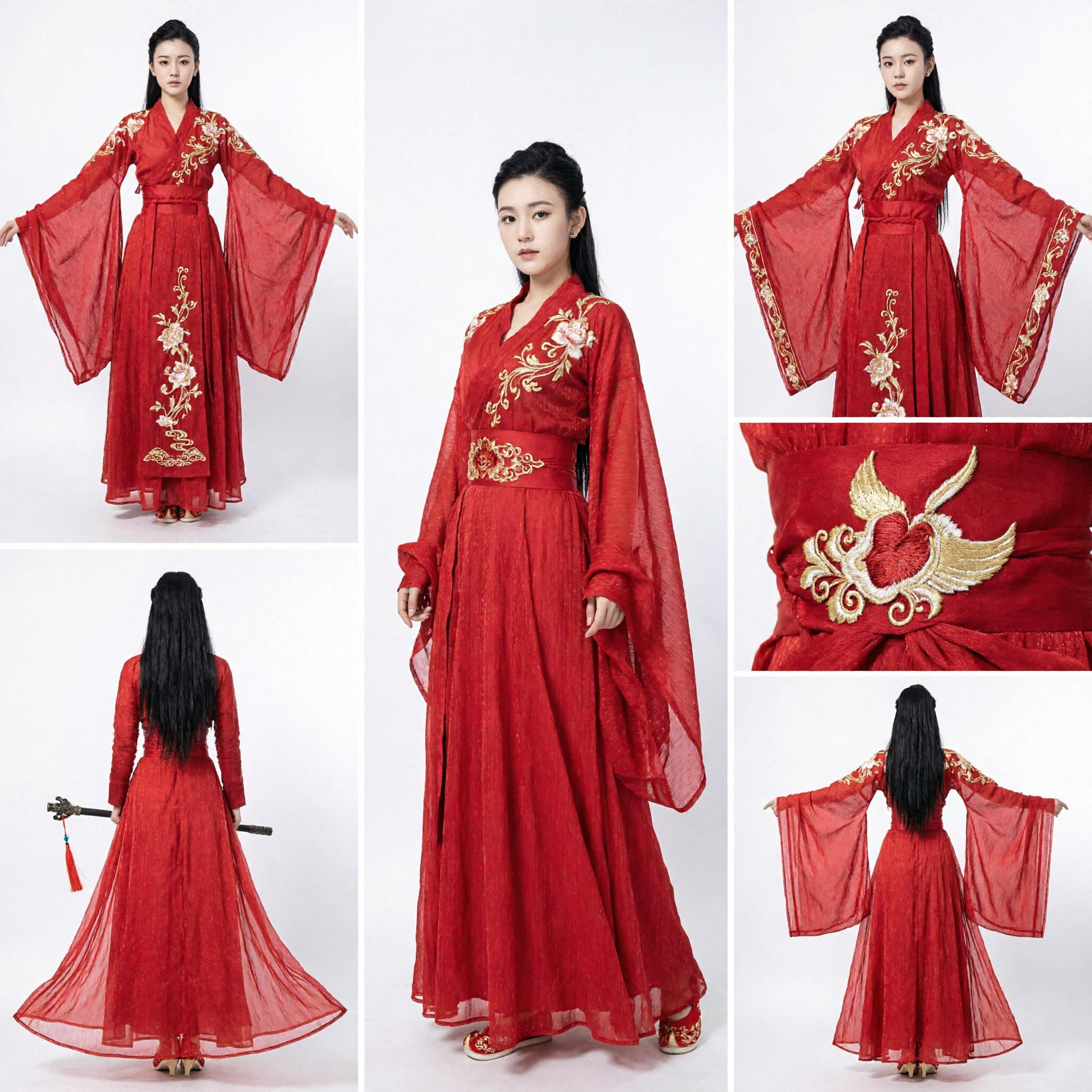 Elegante Abito Hanfu Cinese Antico Rosso, Costume da Spadaccina Wuxia per Arti Marziali e Cosplay Femminile - Asian Costume