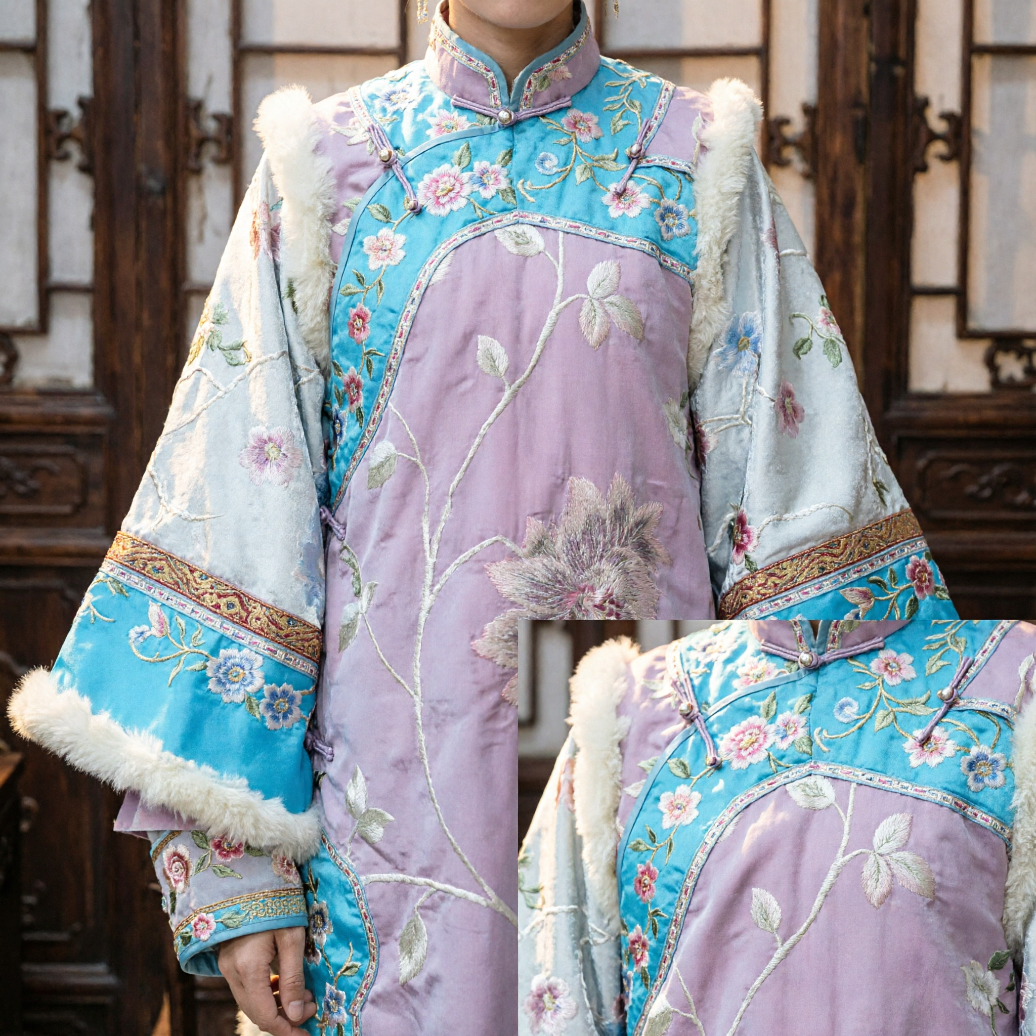 Traje de Princesa Manchú de la Dinastía Qing China Antigua, Túnica Rosa con Bordado Floral y Ribete de Piel para Cosplay y Presentaciones de Mujer - Asian Costume