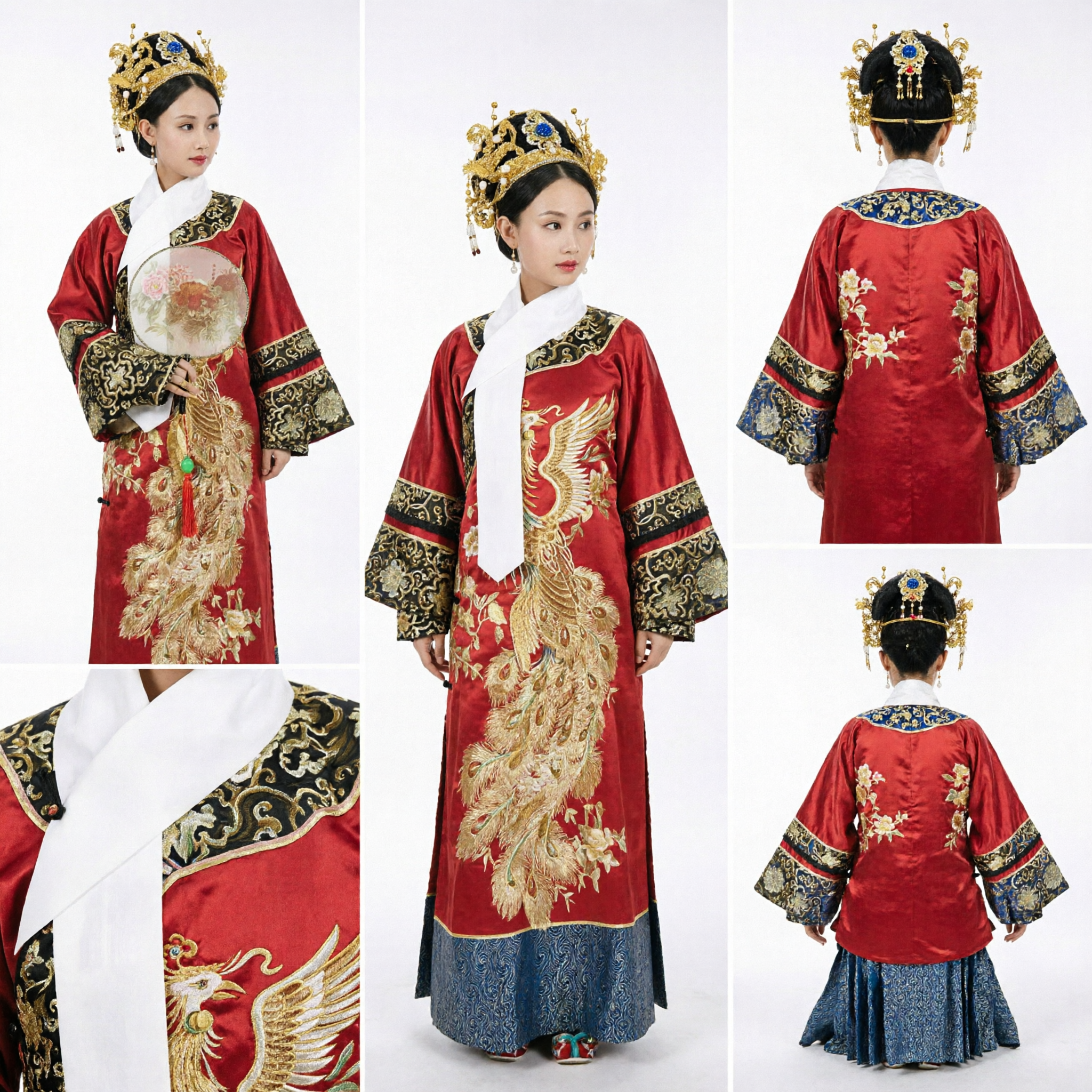 Abito da Sposa Hanfu della Dinastia Ming Tradizionale Cinese, Vestito Antico Rosso con Ricamo della Fenice - Asian Costume