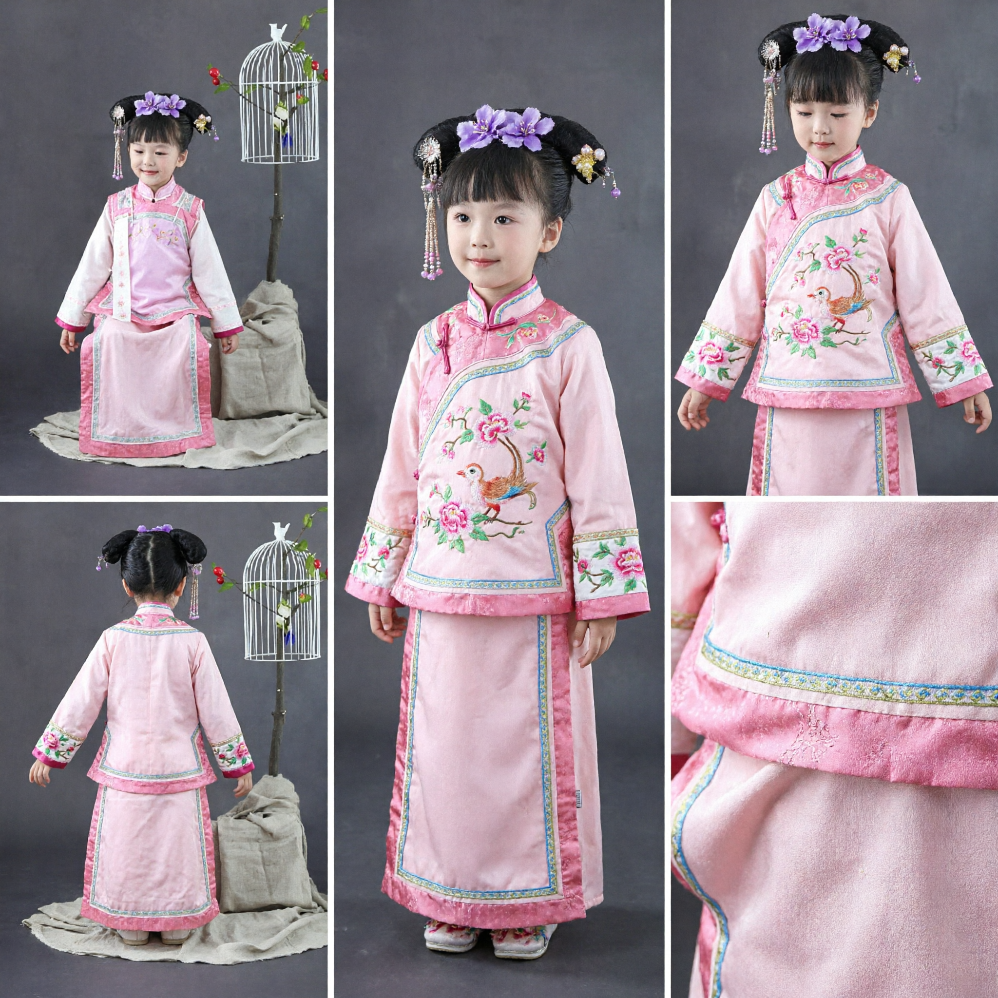 Traje de Princesa da Dinastia Qing Chinês Tradicional para Meninas Vestido Manchu Rosa Floral Hanfu Infantil para Ano Novo - Asian Costume