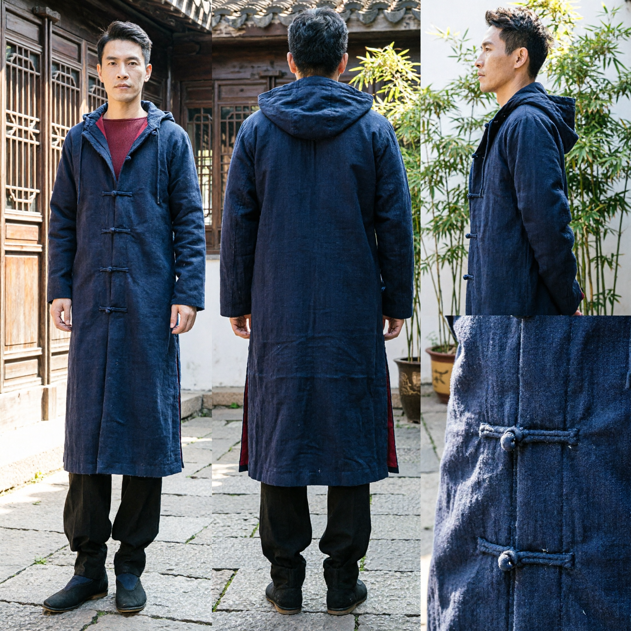 Men's Traditional Chinese Tang Suit Long Hooded Coat Winter Warm Kung Fu Zen Casual Outerwear Jacket - Asian Costume